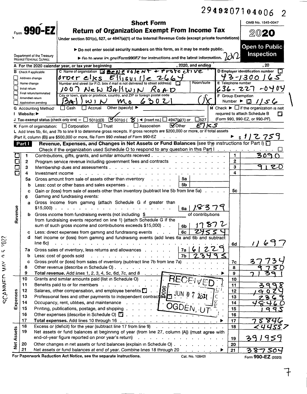 Image of first page of 2020 Form 990EO for Benevolent and Protective Order of Elks - 2664 Ellisville