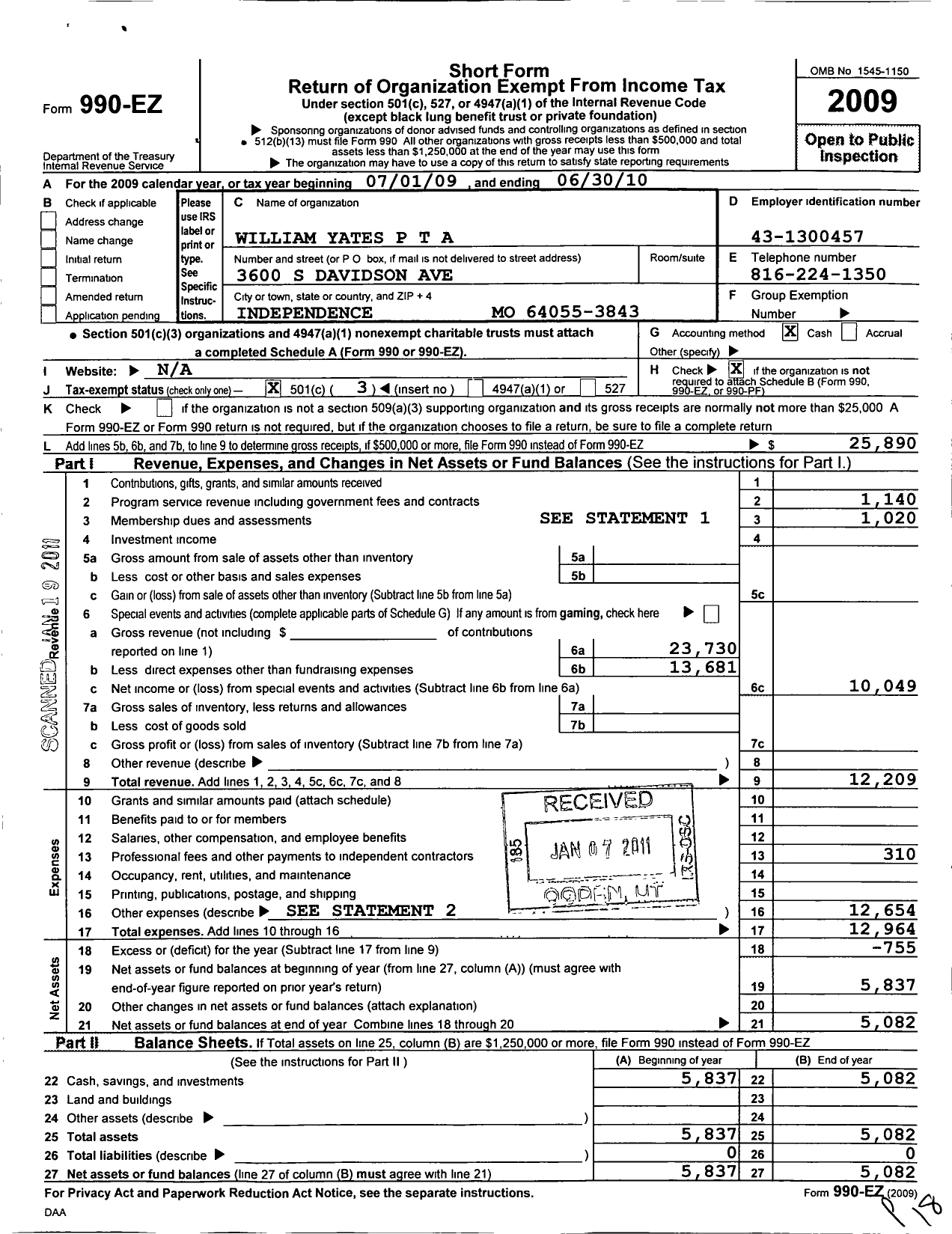 Image of first page of 2009 Form 990EZ for Missouri Congress of Parents and Teachers / William Yates Elementary School PTA