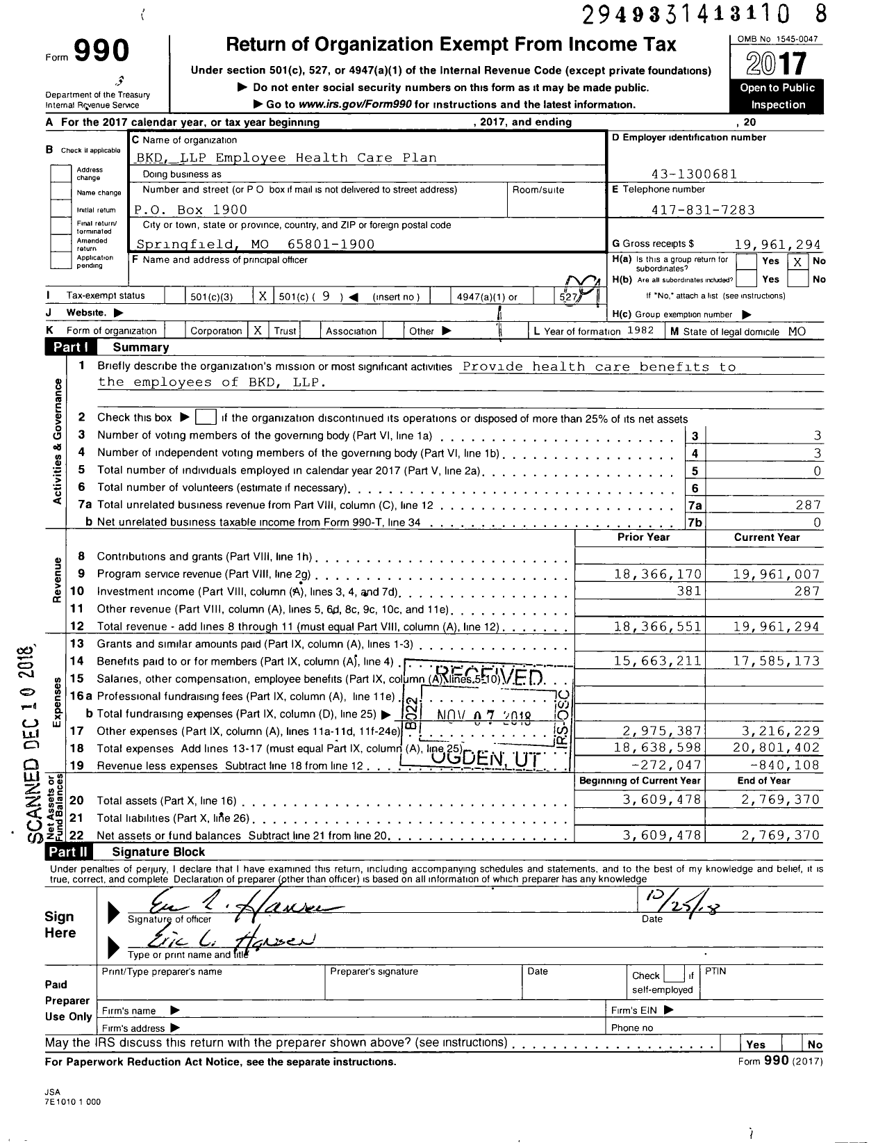 Image of first page of 2017 Form 990O for BKD LLP Employee Healthcare Plan