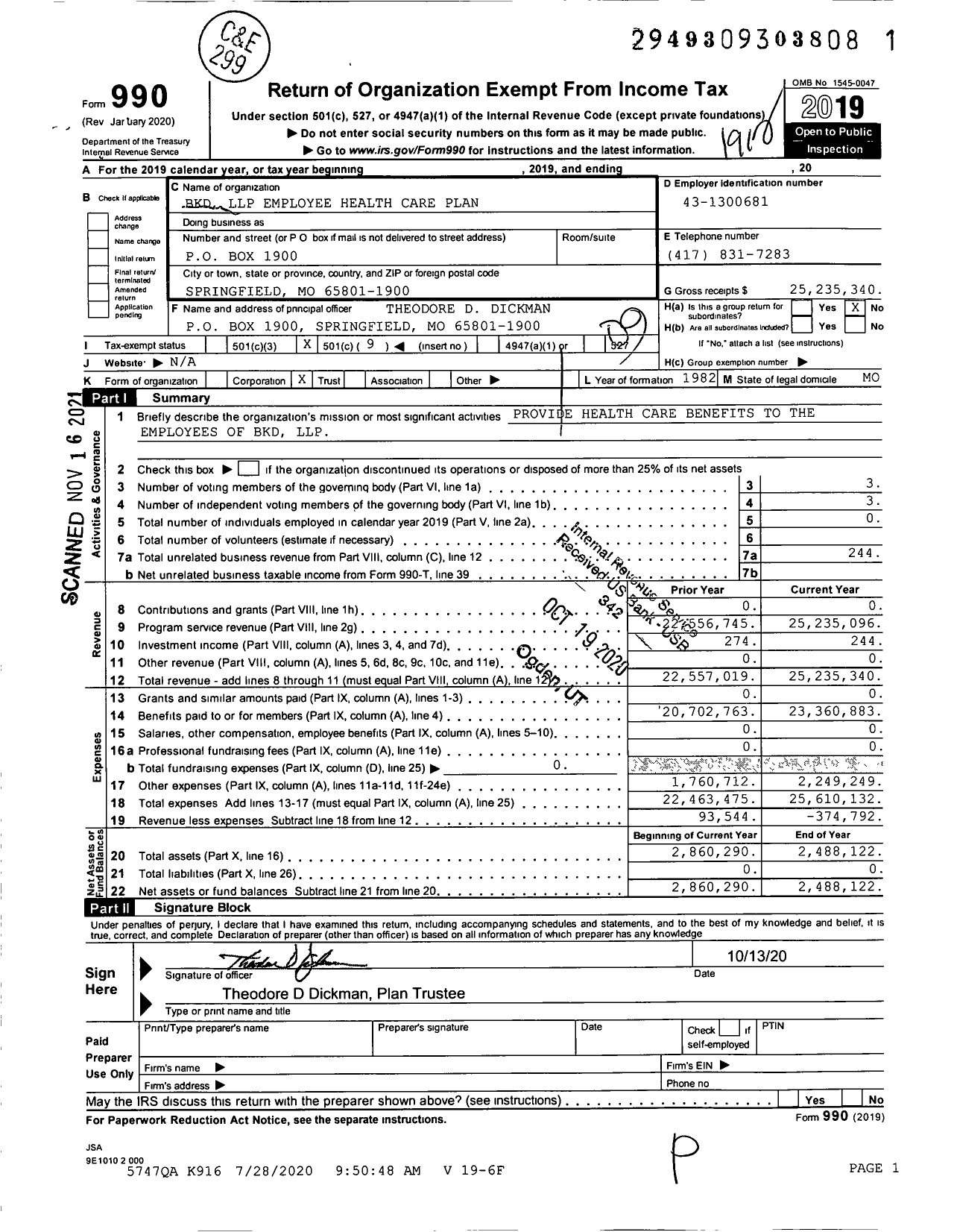 Image of first page of 2019 Form 990O for BKD LLP Employee Healthcare Plan