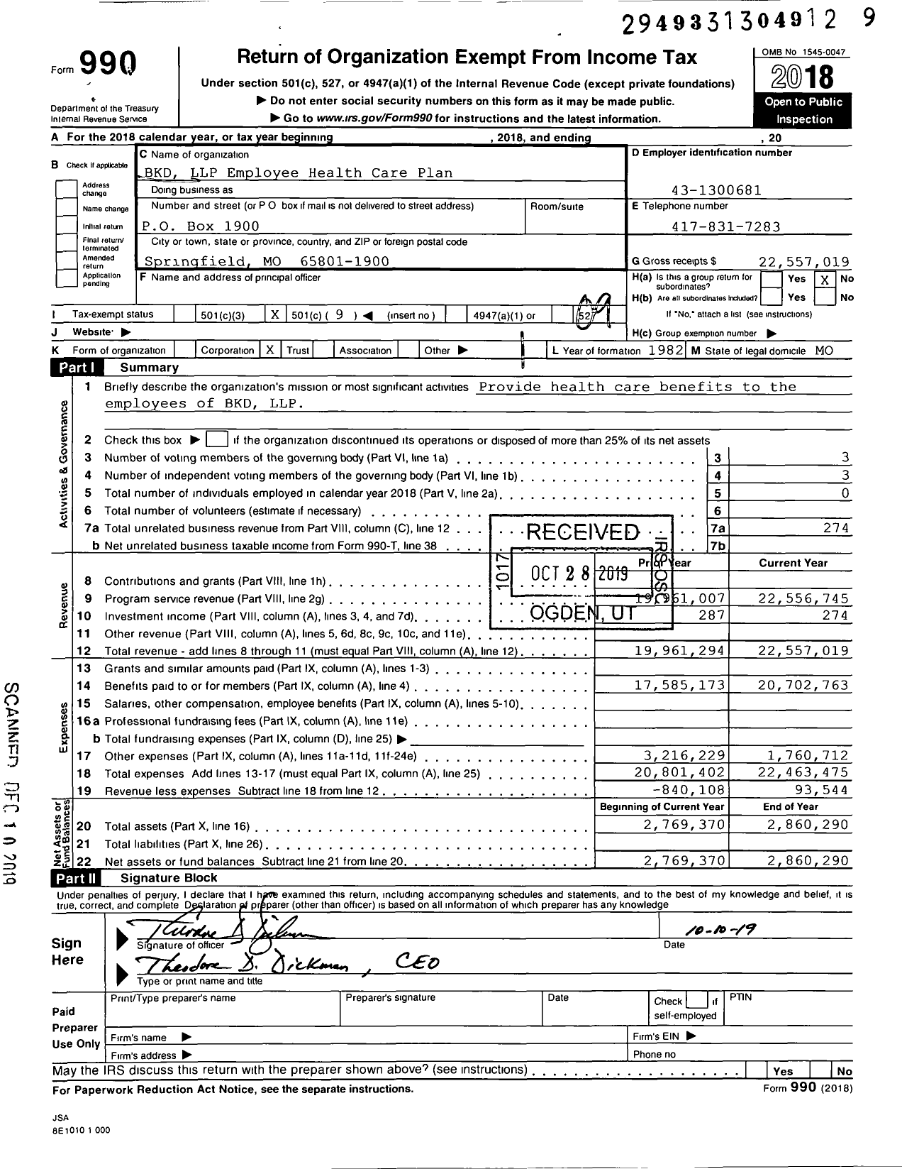 Image of first page of 2018 Form 990O for BKD LLP Employee Healthcare Plan