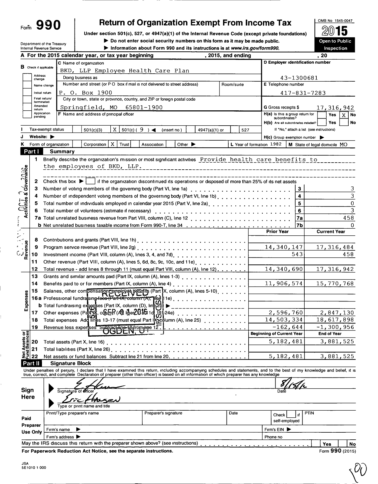 Image of first page of 2015 Form 990O for BKD LLP Employee Healthcare Plan