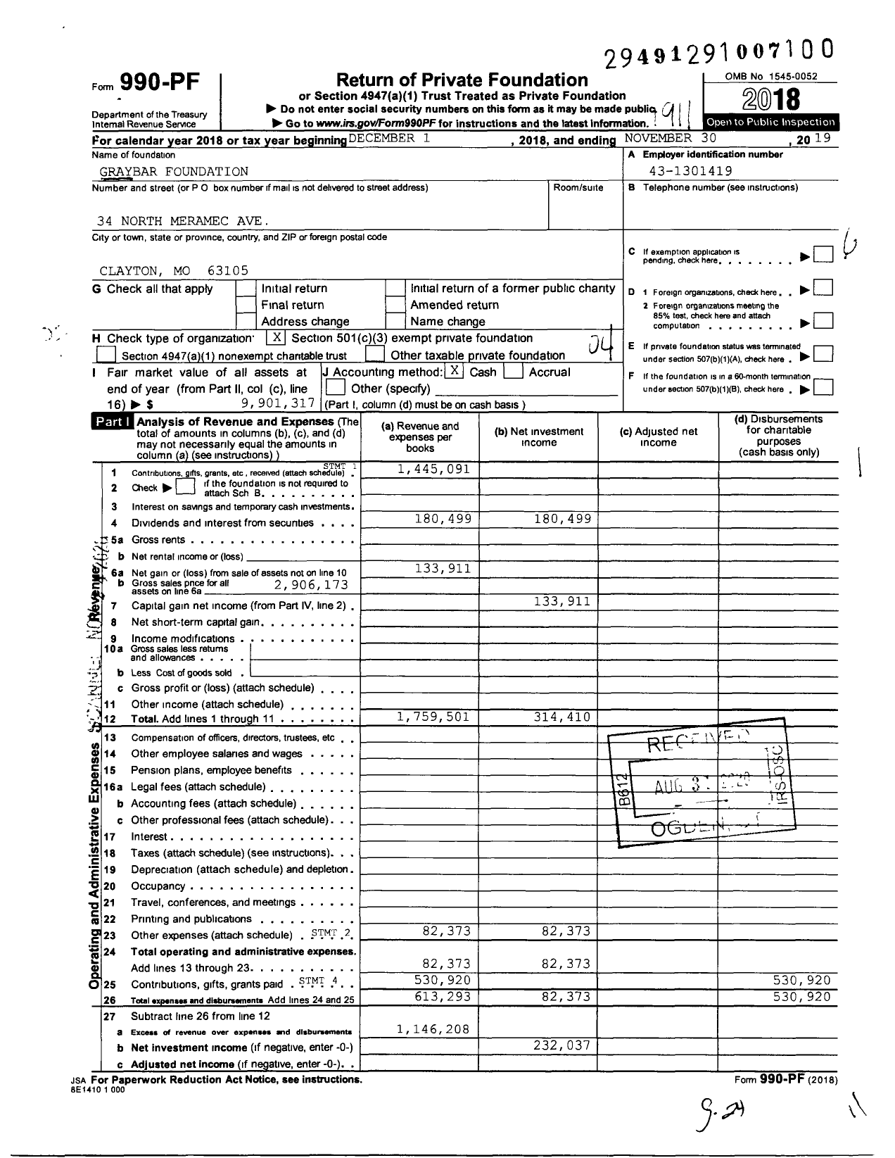 Image of first page of 2018 Form 990PF for Graybar Foundation