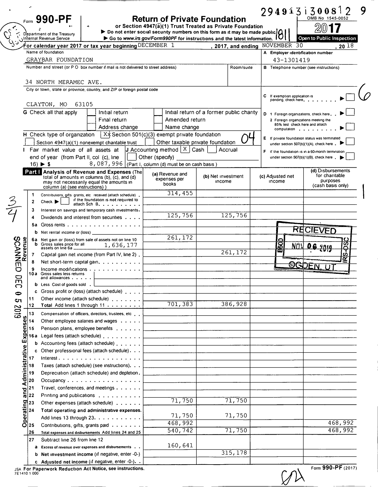Image of first page of 2017 Form 990PF for Graybar Foundation