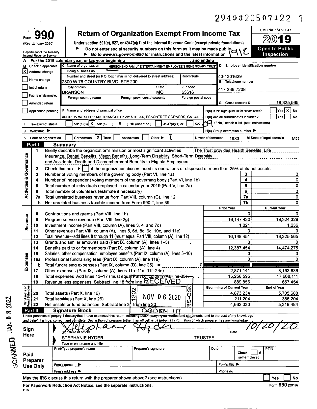 Image of first page of 2019 Form 990O for Herschend Family Entertainment Employees Beneficiary Trust