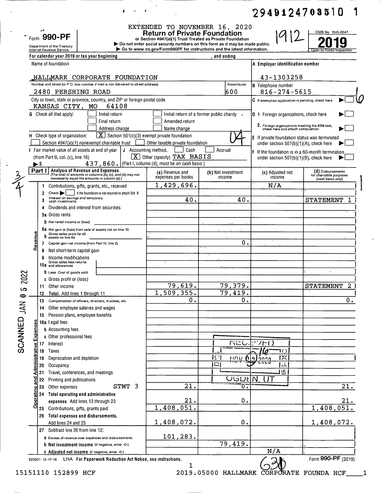 Image of first page of 2019 Form 990PF for Hallmark Corporate Foundation