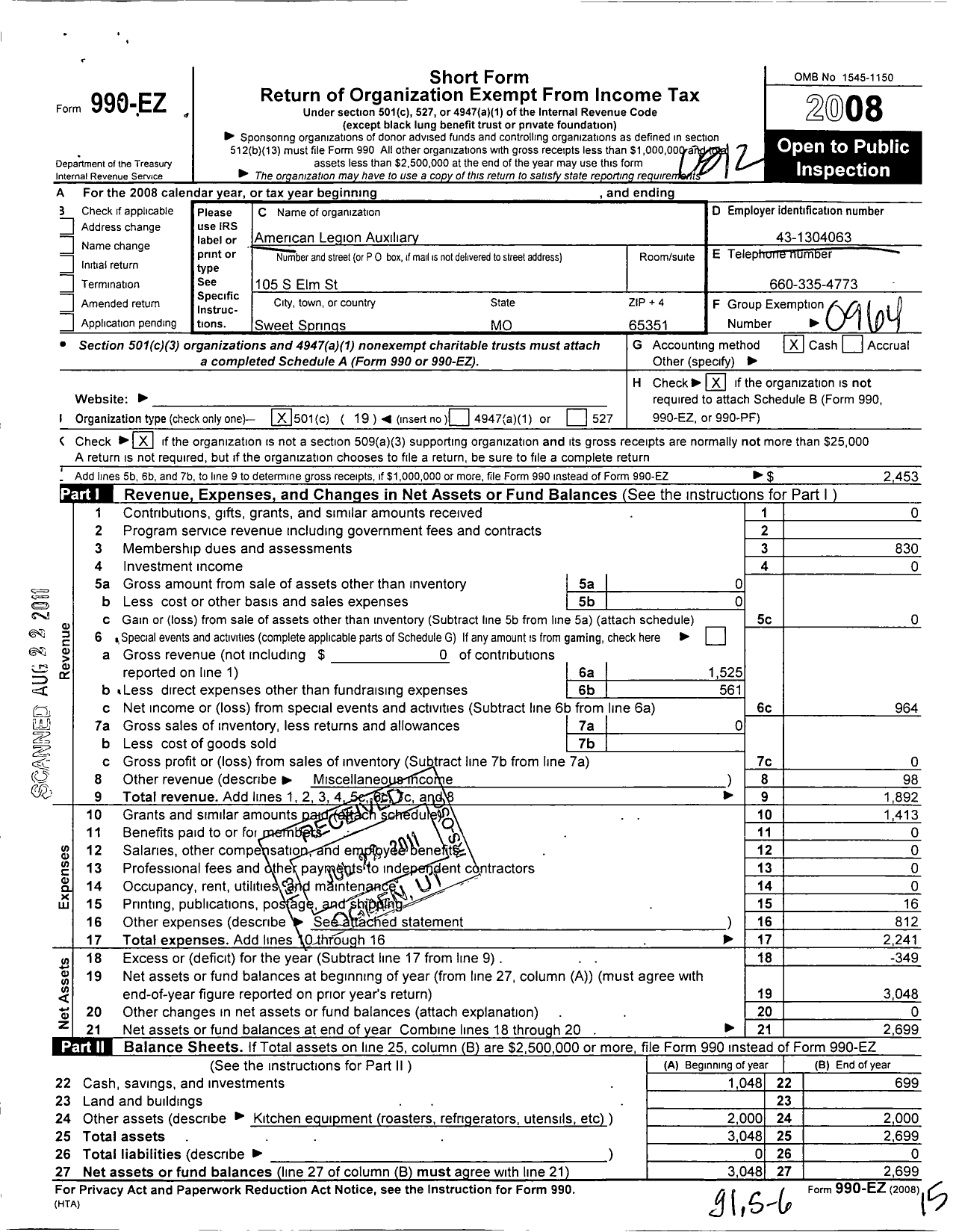 Image of first page of 2008 Form 990EO for American Legion Auxiliary - 279 Sweet Springs