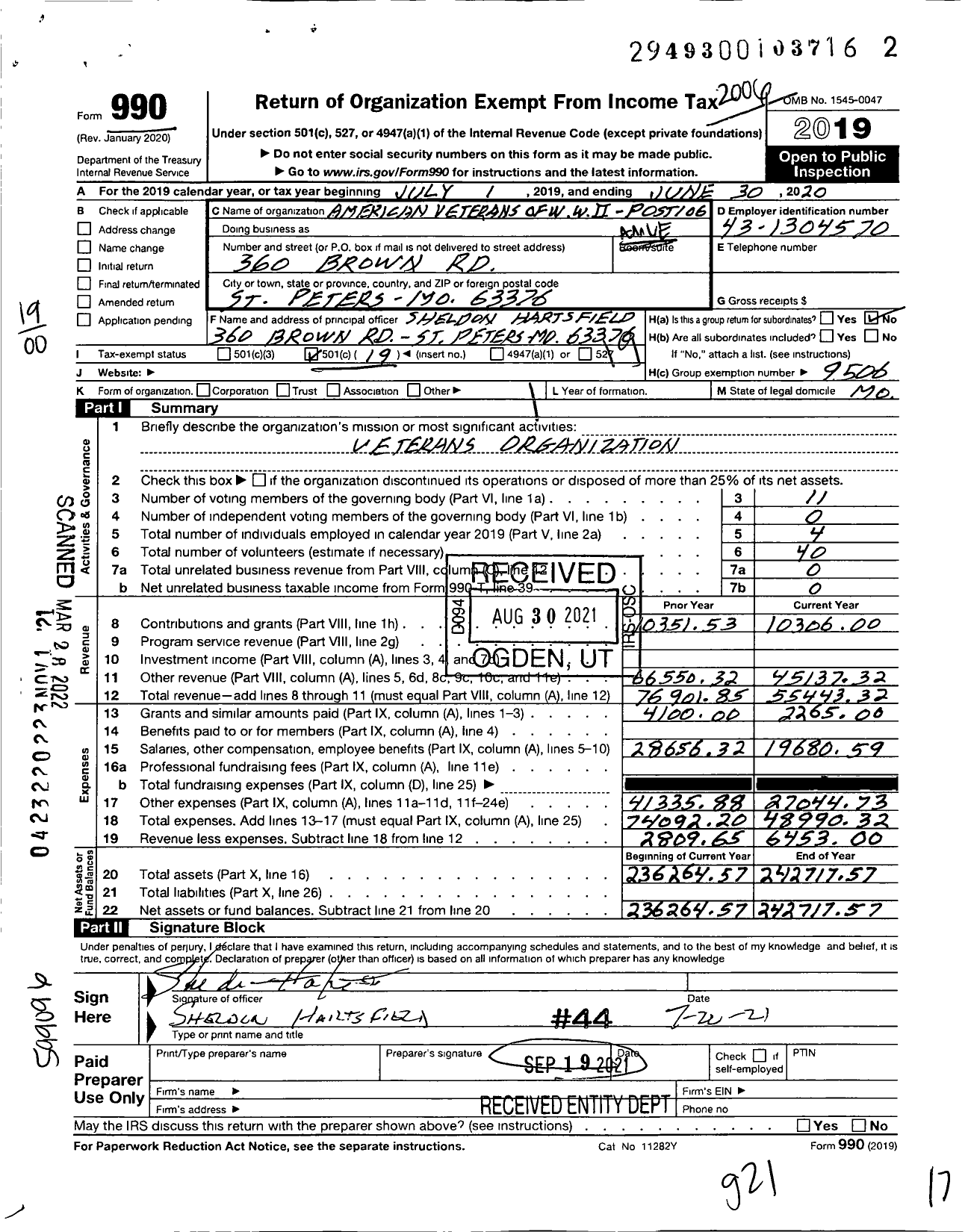 Image of first page of 2019 Form 990O for Amvets - American Veterans of Wwii Post 106