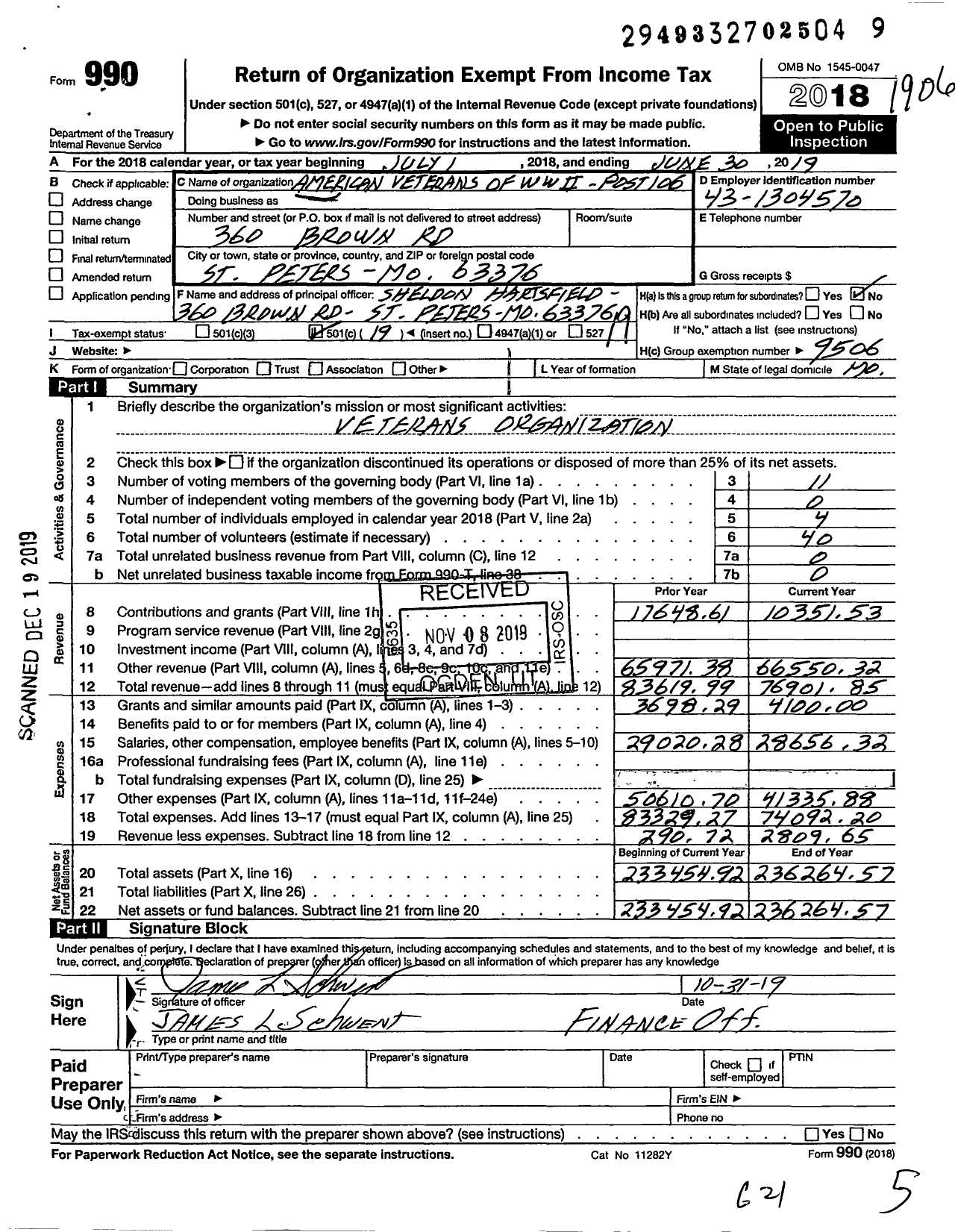 Image of first page of 2018 Form 990O for Amvets - American Veterans of Wwii Post 106