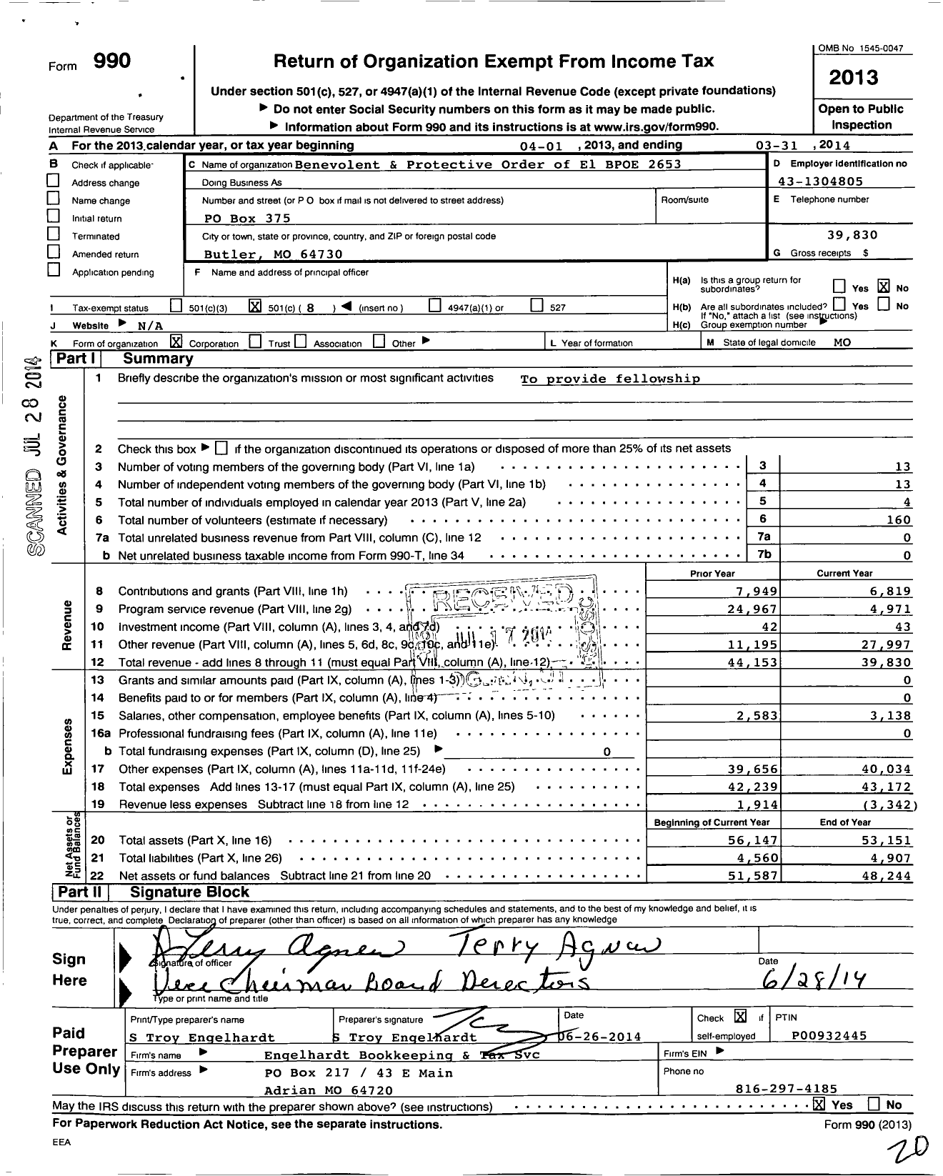 Image of first page of 2013 Form 990O for Benevolent and Protective Order of Elks - 2653 Bates County