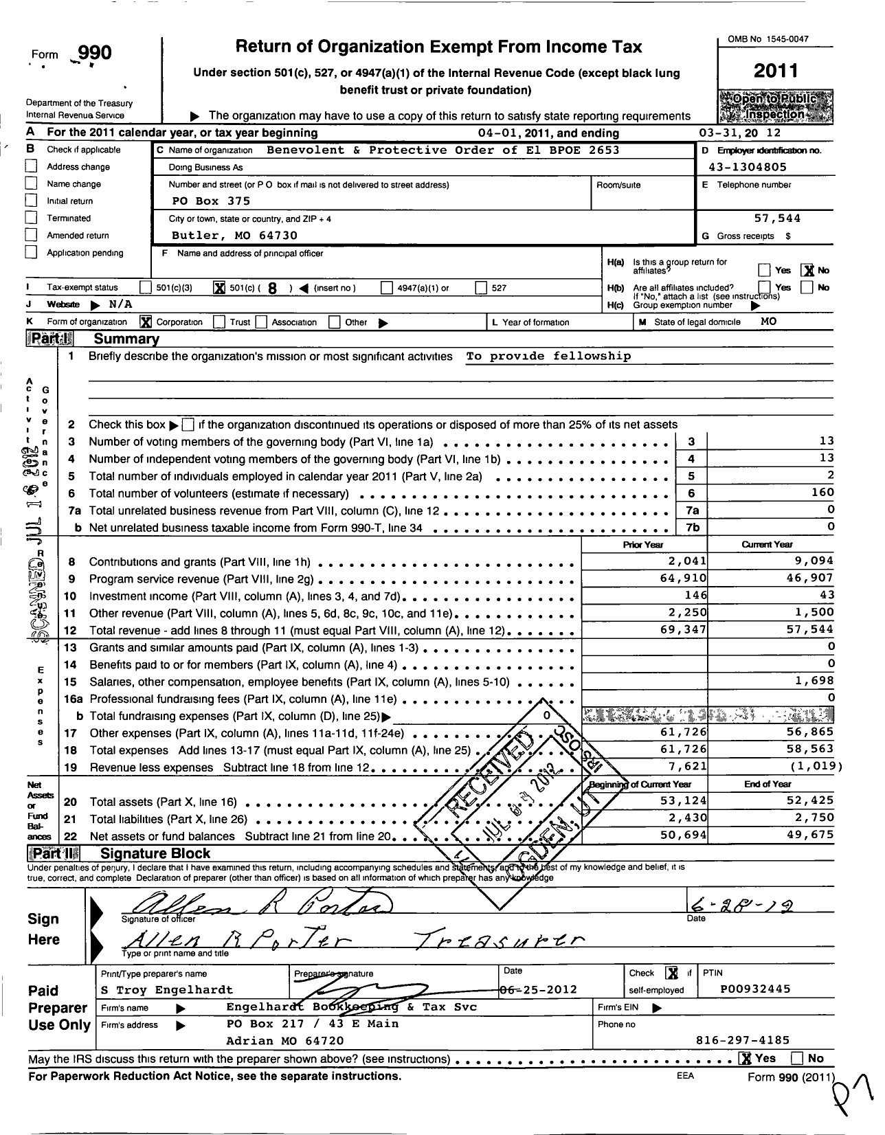 Image of first page of 2011 Form 990O for Benevolent and Protective Order of Elks - 2653 Bates County