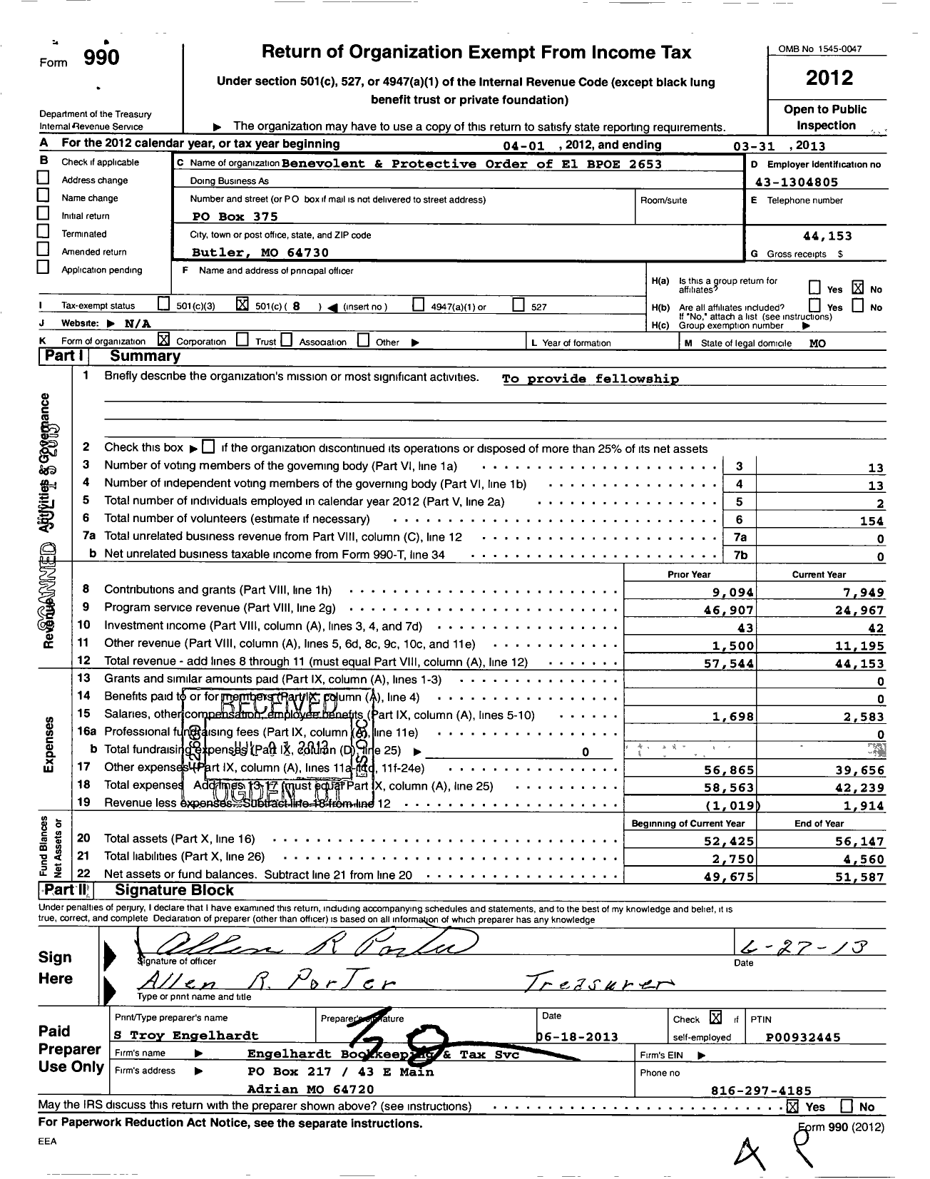 Image of first page of 2012 Form 990O for Benevolent and Protective Order of Elks - 2653 Bates County