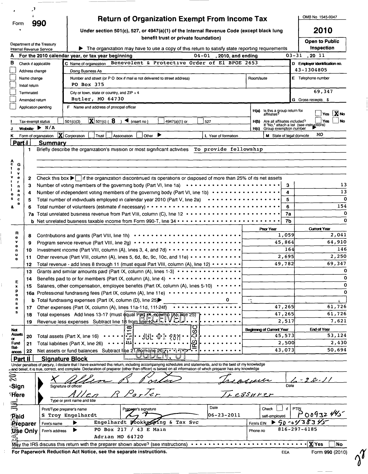 Image of first page of 2010 Form 990O for Benevolent and Protective Order of Elks - 2653 Bates County