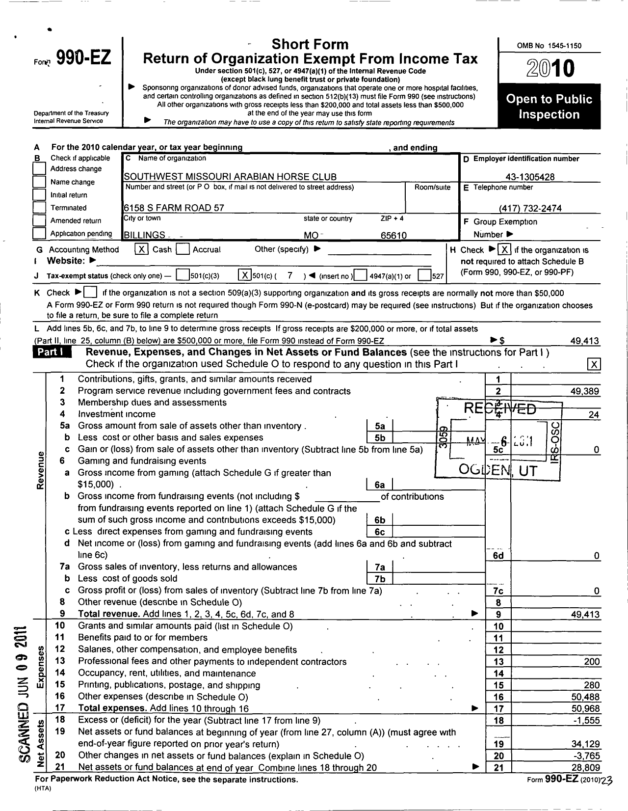 Image of first page of 2010 Form 990EO for Southwest Missouri Arabian Horse Club