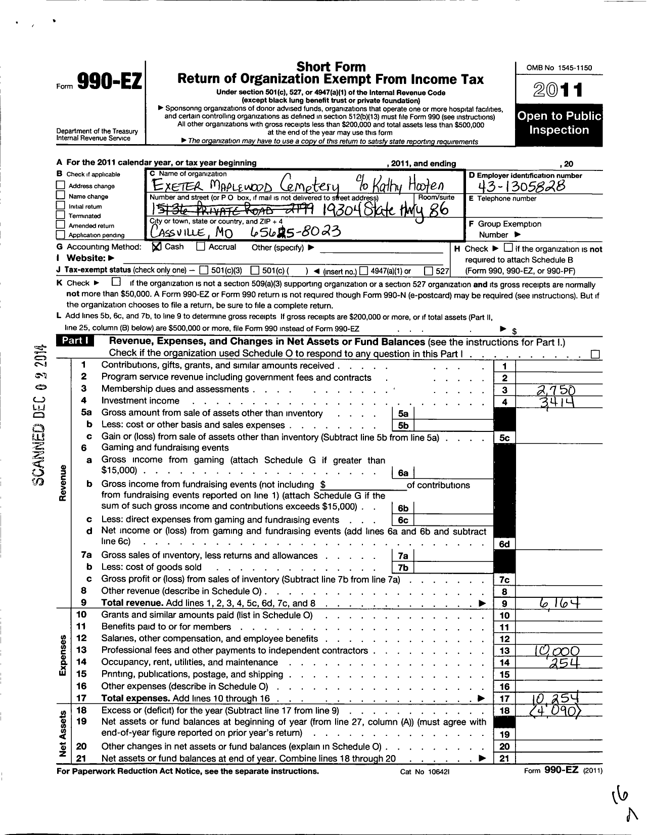 Image of first page of 2011 Form 990EO for Exeter Maplewood Cemetery Association