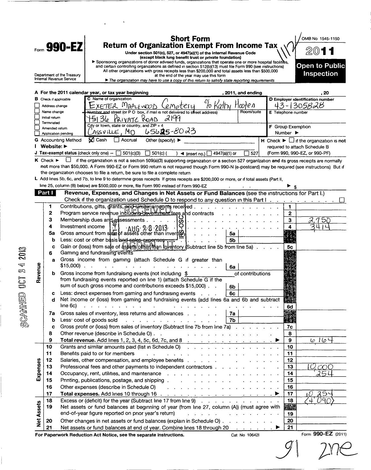 Image of first page of 2011 Form 990EO for Exeter Maplewood Cemetery Association