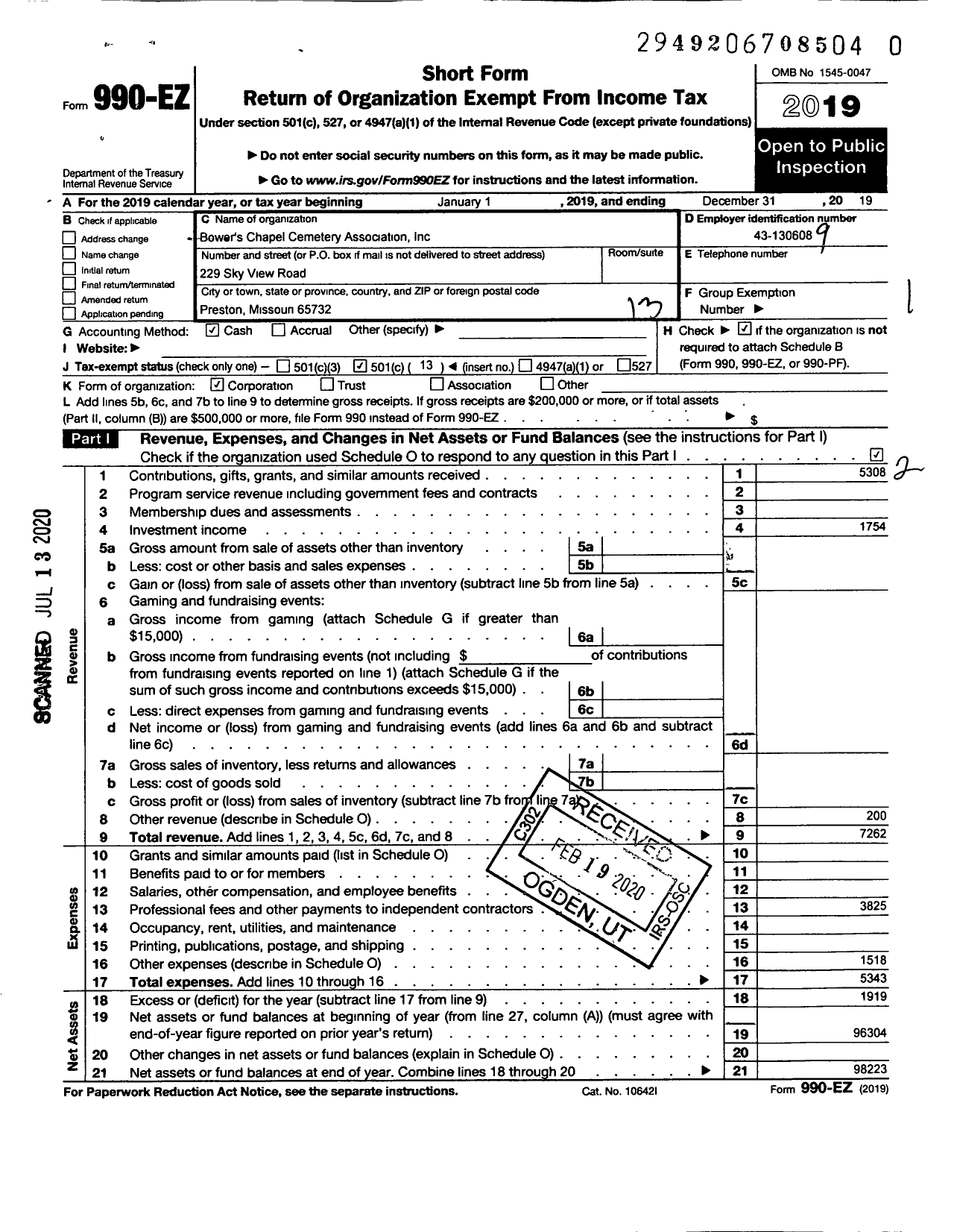 Image of first page of 2019 Form 990EO for Bowers Chapel Cemetery Association