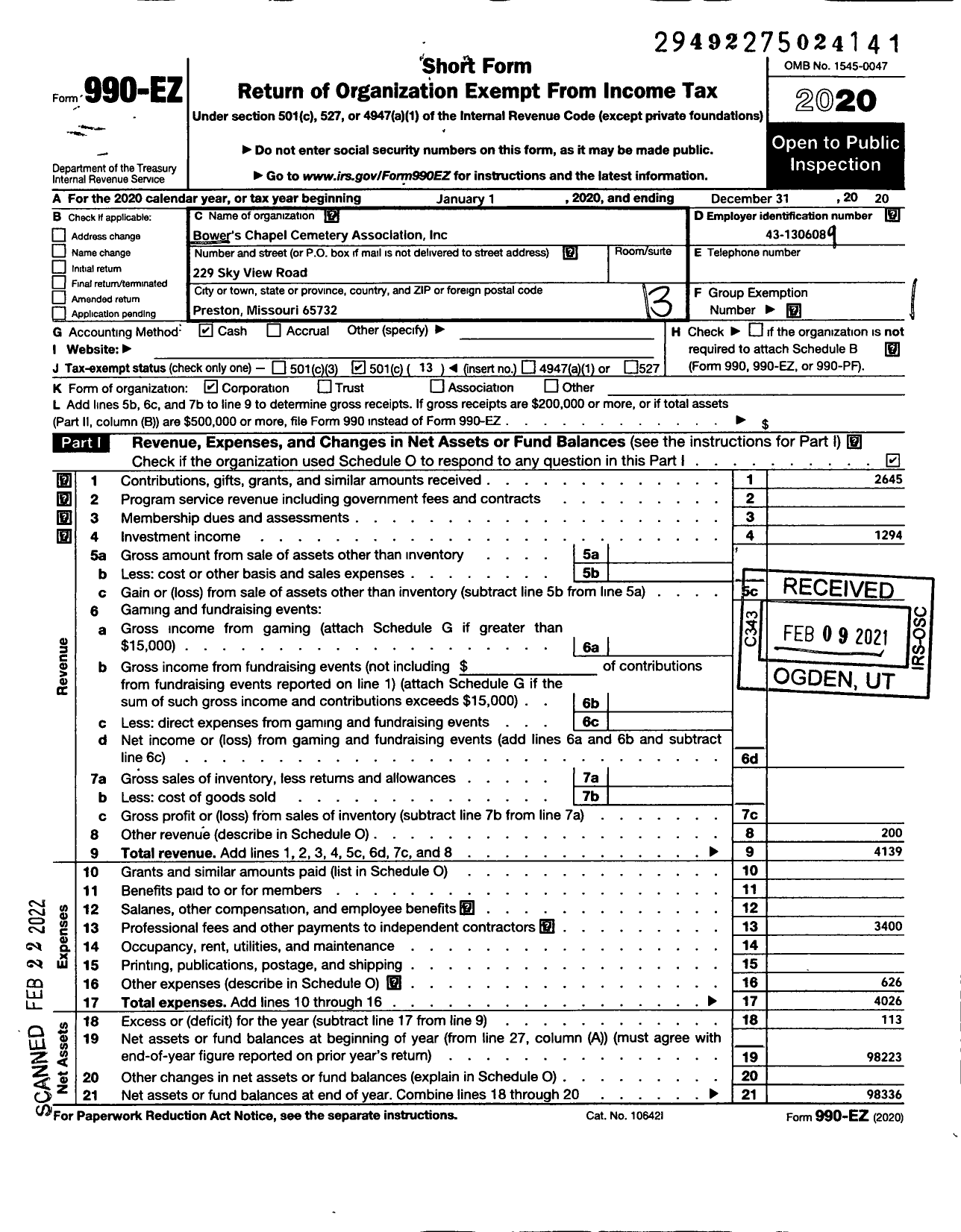 Image of first page of 2020 Form 990EO for Bowers Chapel Cemetery Association