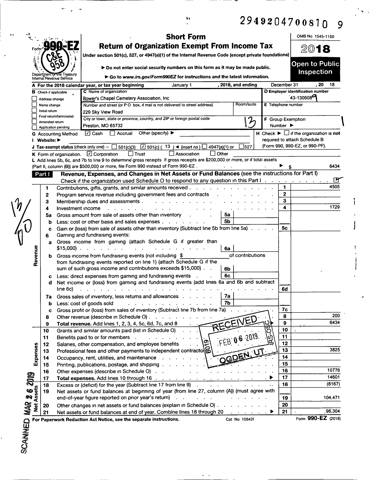 Image of first page of 2018 Form 990EO for Bowers Chapel Cemetery Association