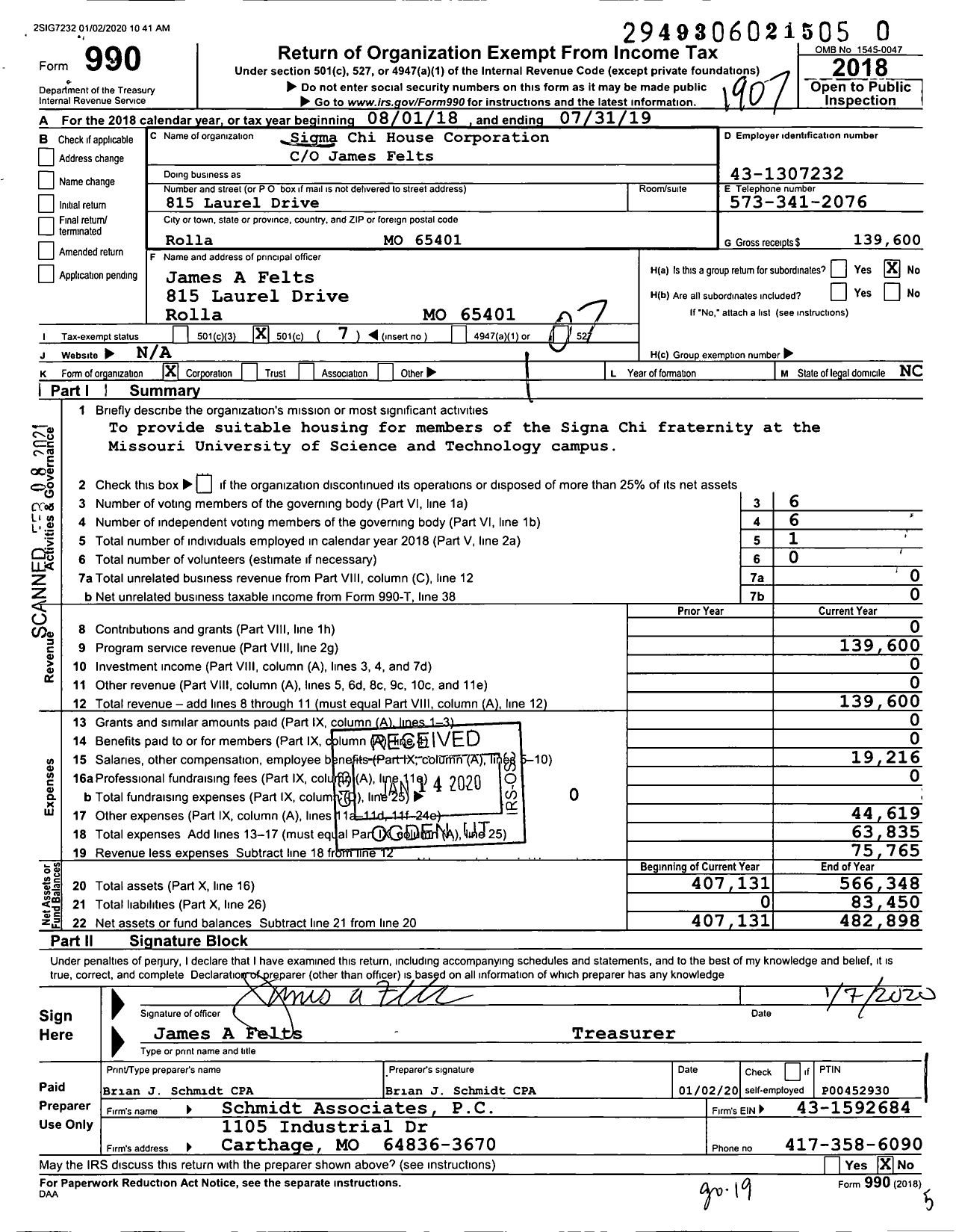 Image of first page of 2018 Form 990O for Sigma Chi House Corporation