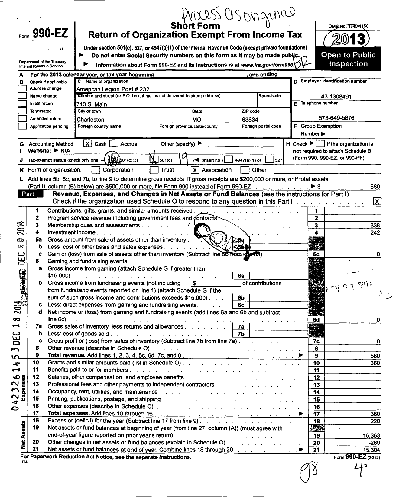 Image of first page of 2013 Form 990EO for American Legion - 232 Mississippi County