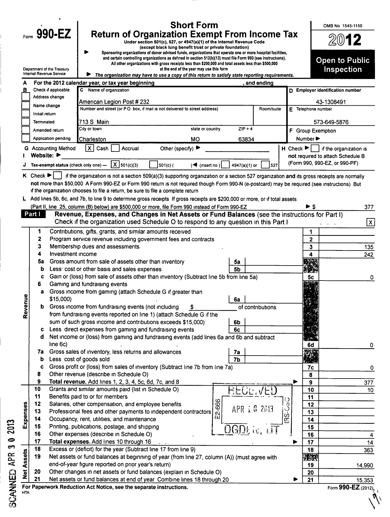 Image of first page of 2012 Form 990EZ for American Legion - 232 Mississippi County