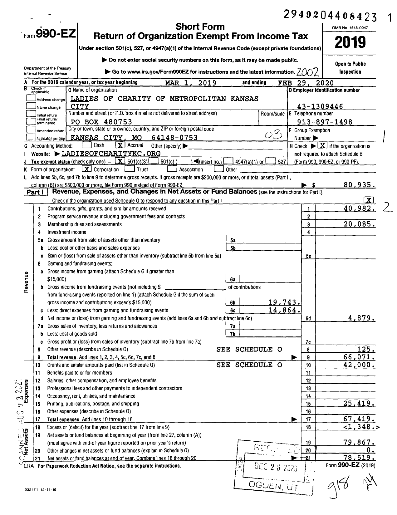 Image of first page of 2019 Form 990EZ for Ladies of Charity of Metropolitan Kansas City