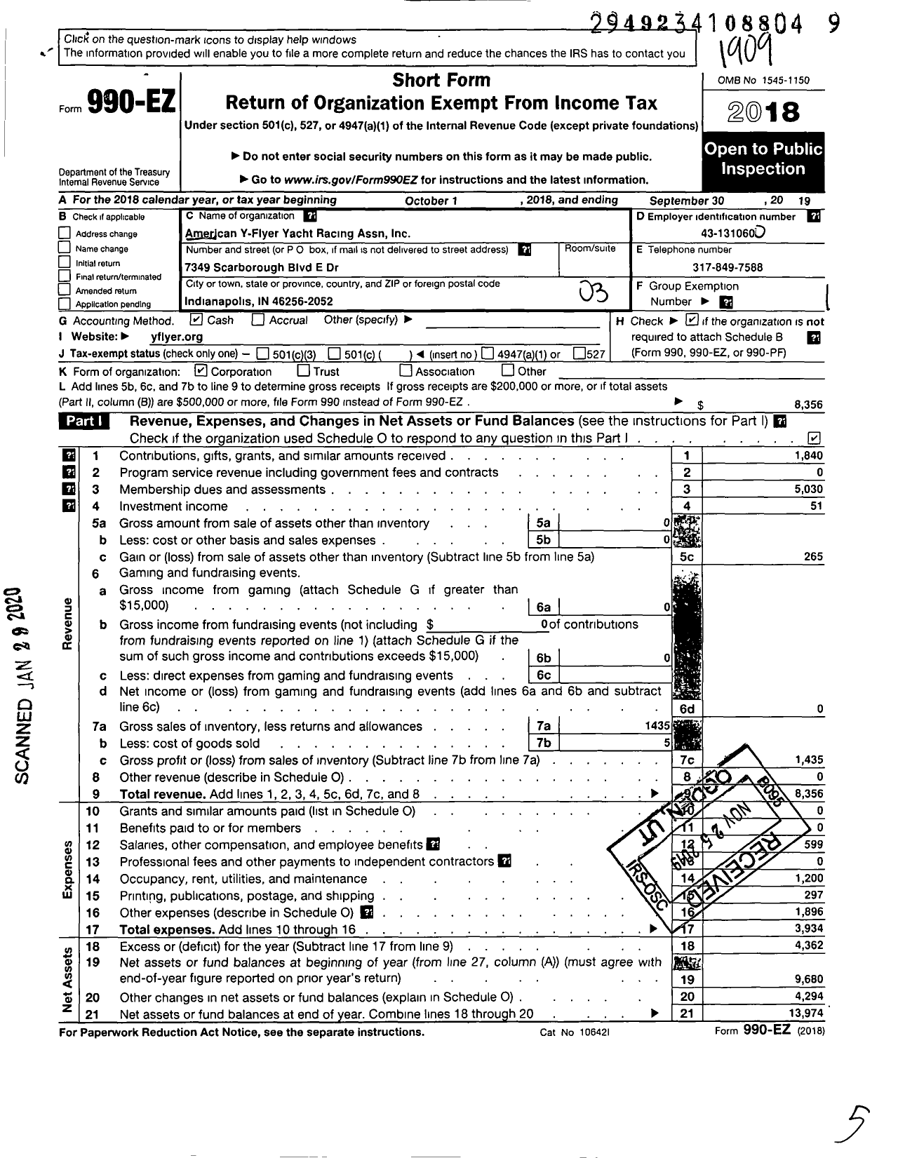 Image of first page of 2018 Form 990EZ for American Y-Flyer Yacht Racing Association