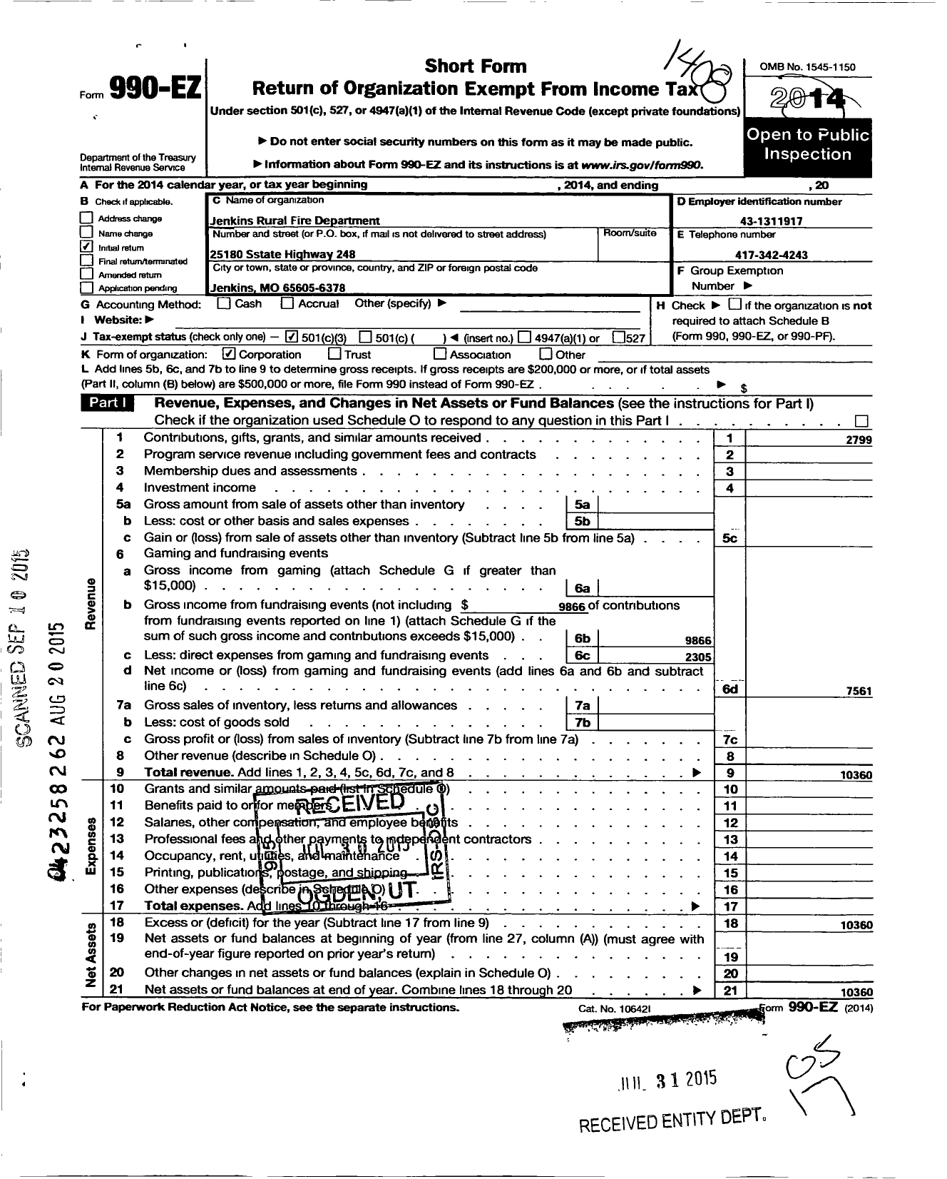 Image of first page of 2013 Form 990EZ for Jenkins Rural Fire Department