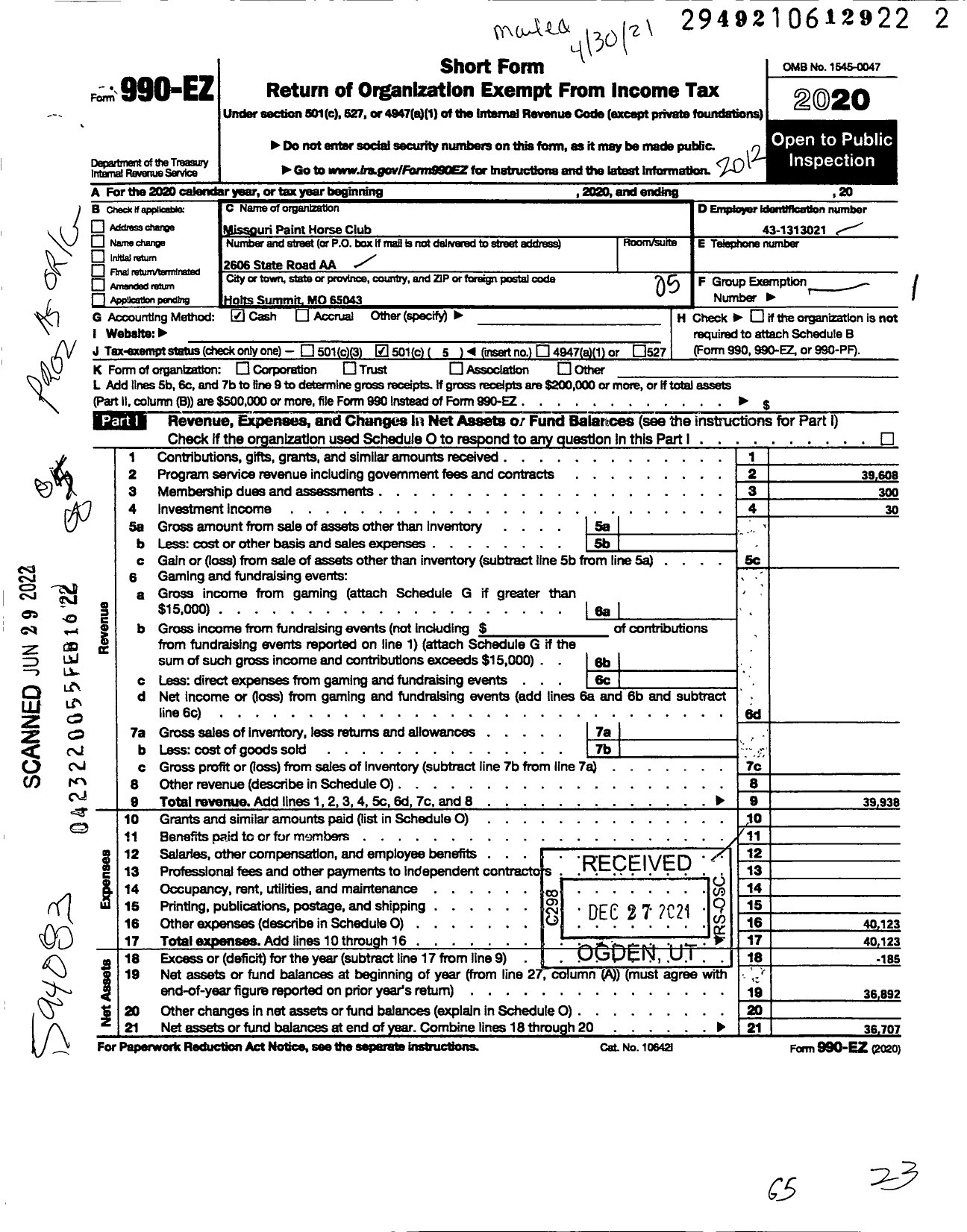 Image of first page of 2020 Form 990EO for Missouri Paint Horse Club