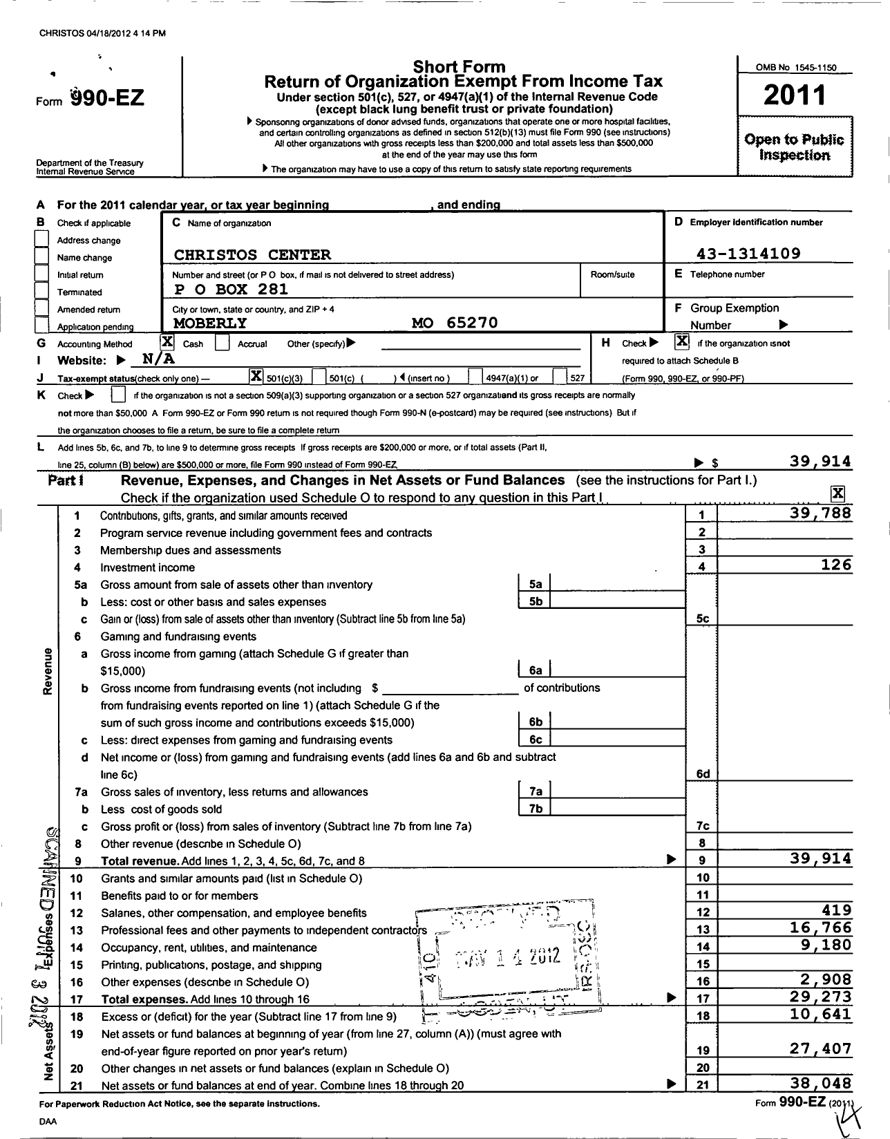 Image of first page of 2011 Form 990EZ for Christos Center