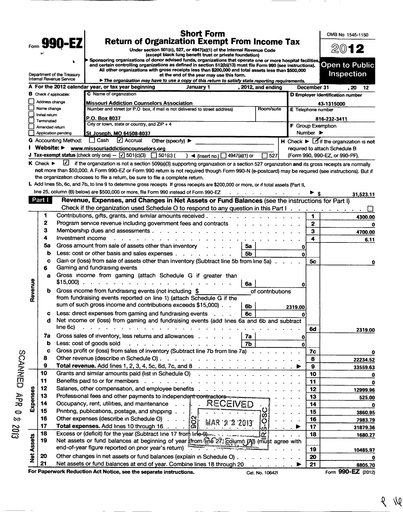 Image of first page of 2012 Form 990EZ for Missouri Addiction Counselors Association