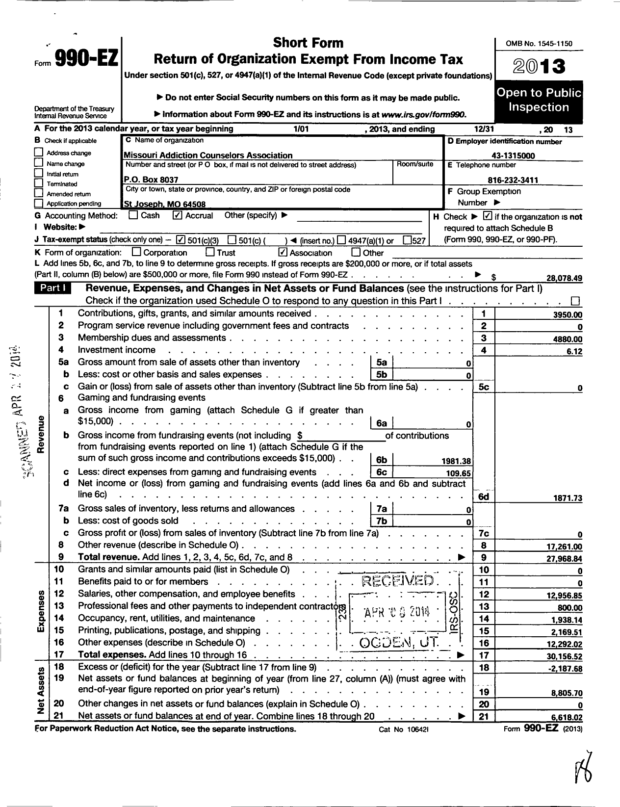 Image of first page of 2013 Form 990EZ for Missouri Addiction Counselors Association