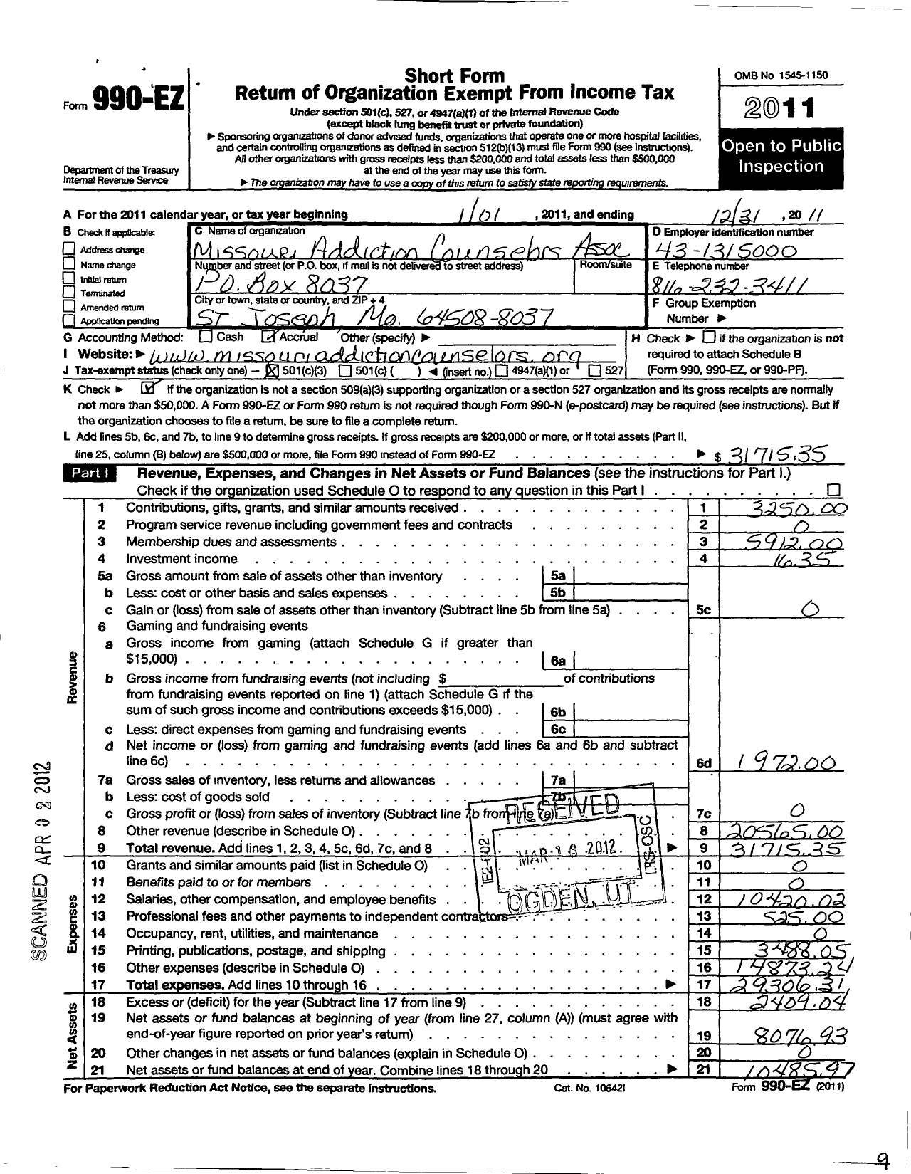 Image of first page of 2011 Form 990EZ for Missouri Addiction Counselors Association