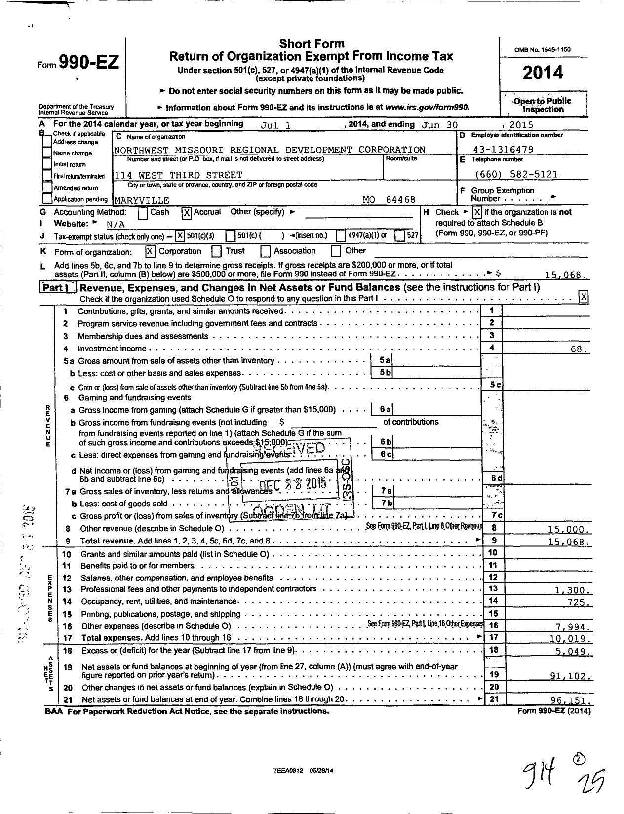 Image of first page of 2014 Form 990EZ for Northwest Missouri Regional Development Corporation