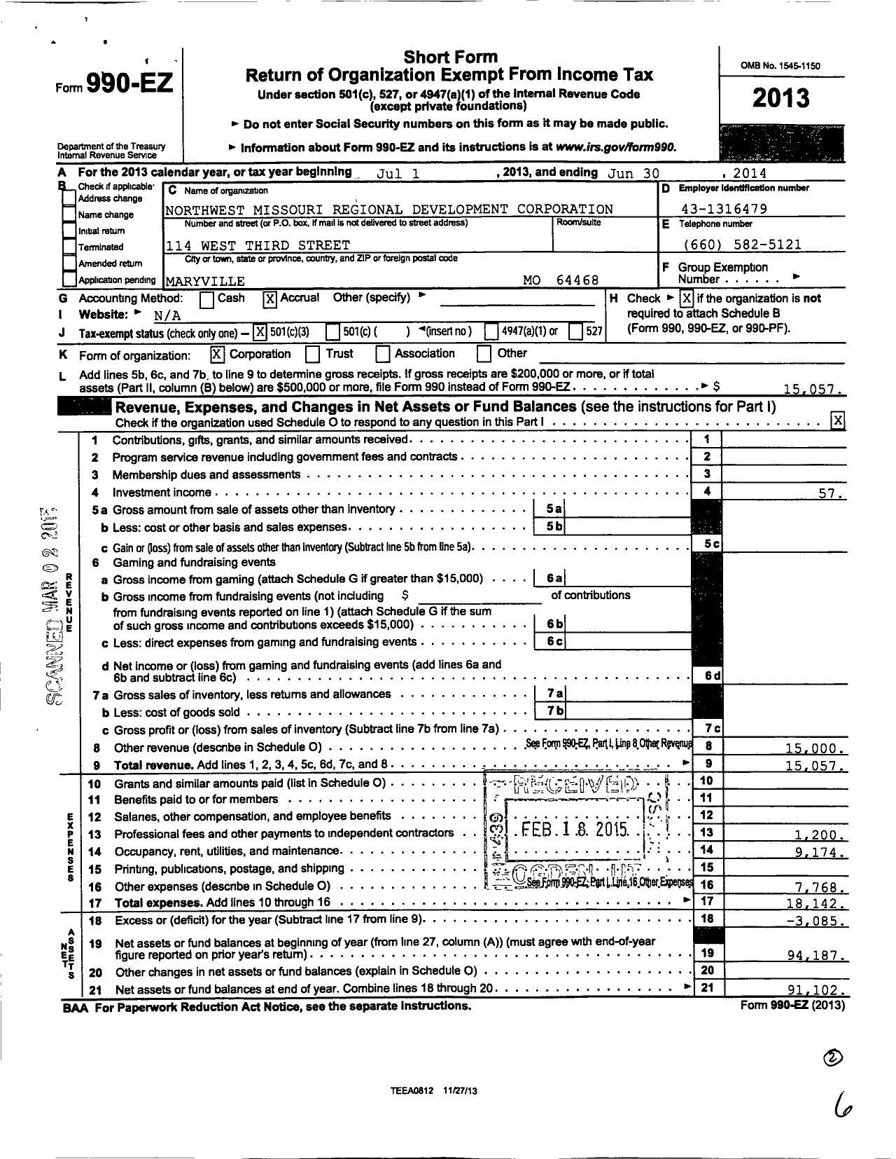 Image of first page of 2013 Form 990EZ for Northwest Missouri Regional Development Corporation