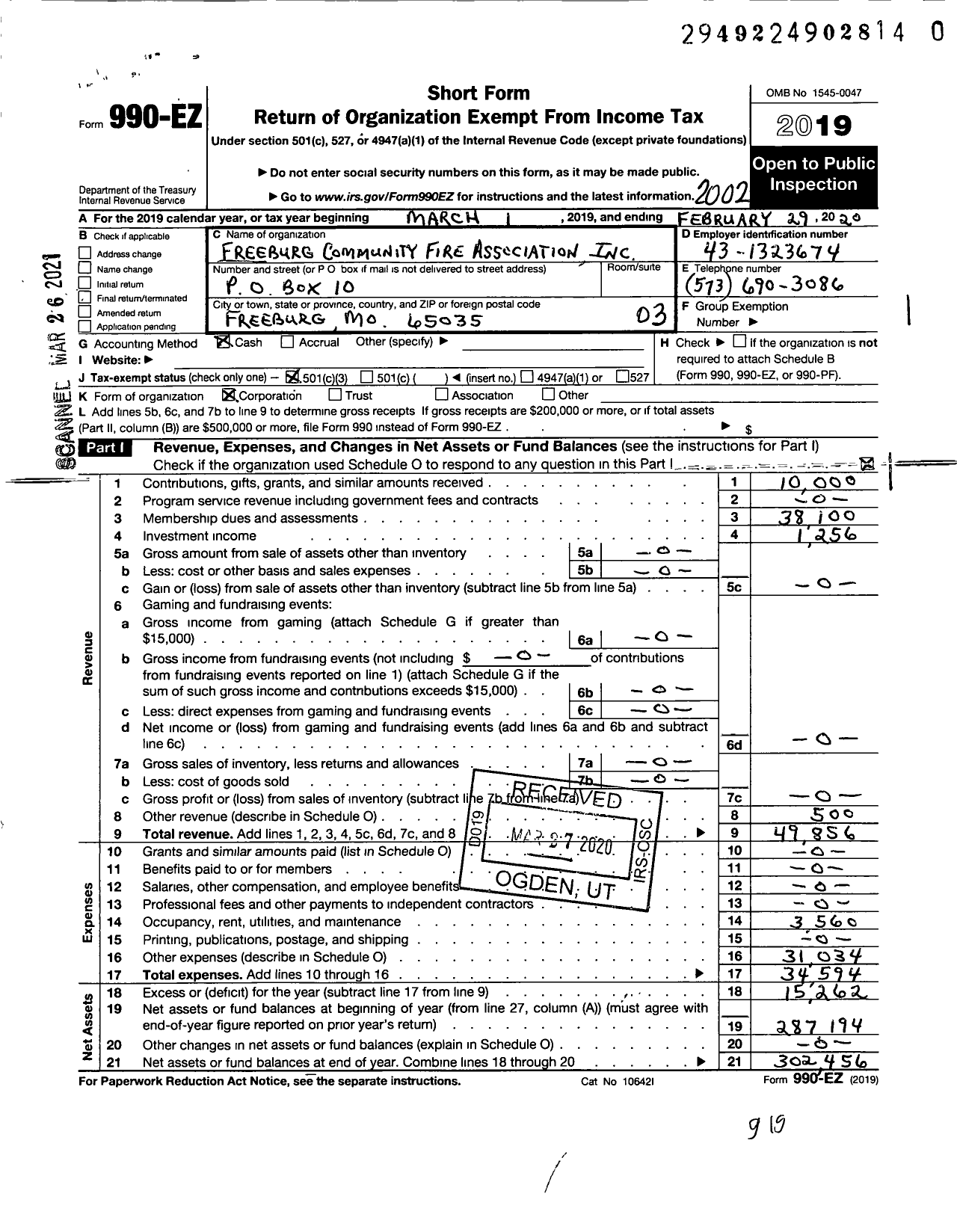 Image of first page of 2019 Form 990EZ for Freeburg Community Fire Assocation