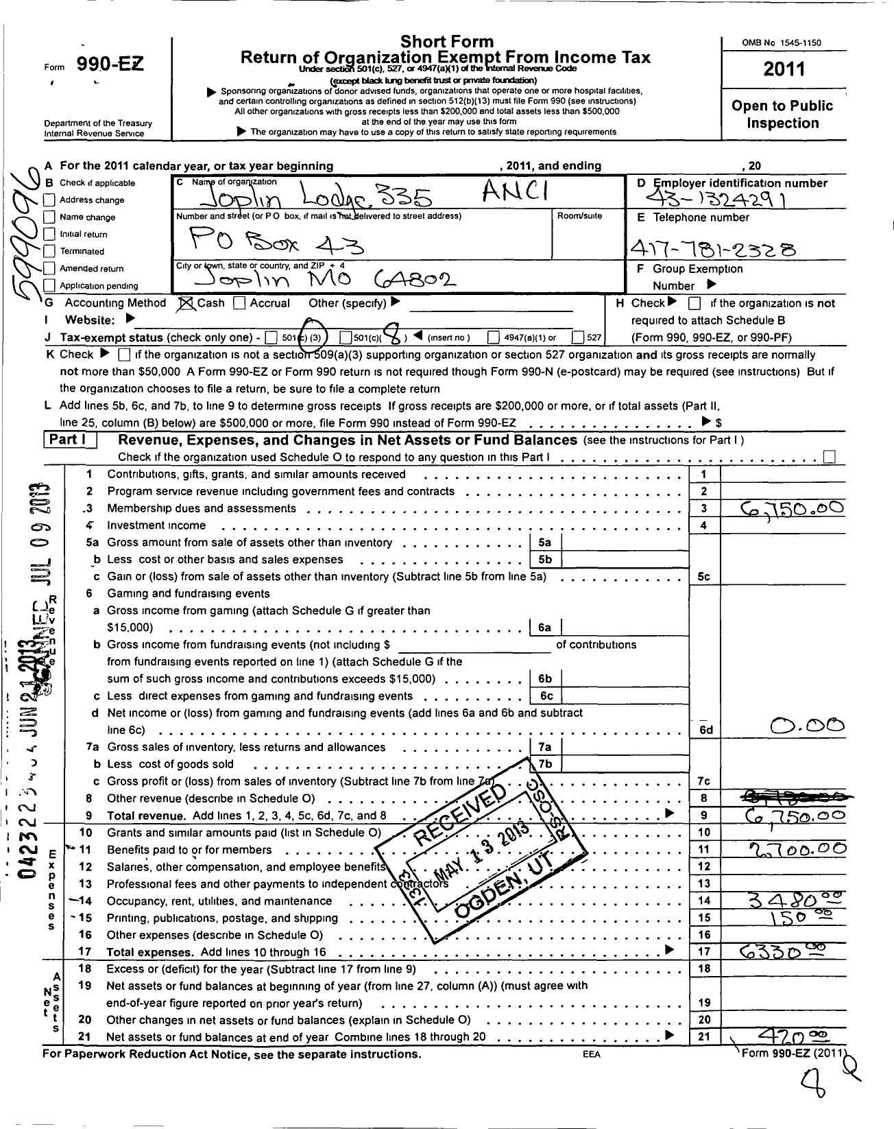 Image of first page of 2011 Form 990EO for Ancient Free and Accepted Masons of Missouri - 335 Joplin Lodge