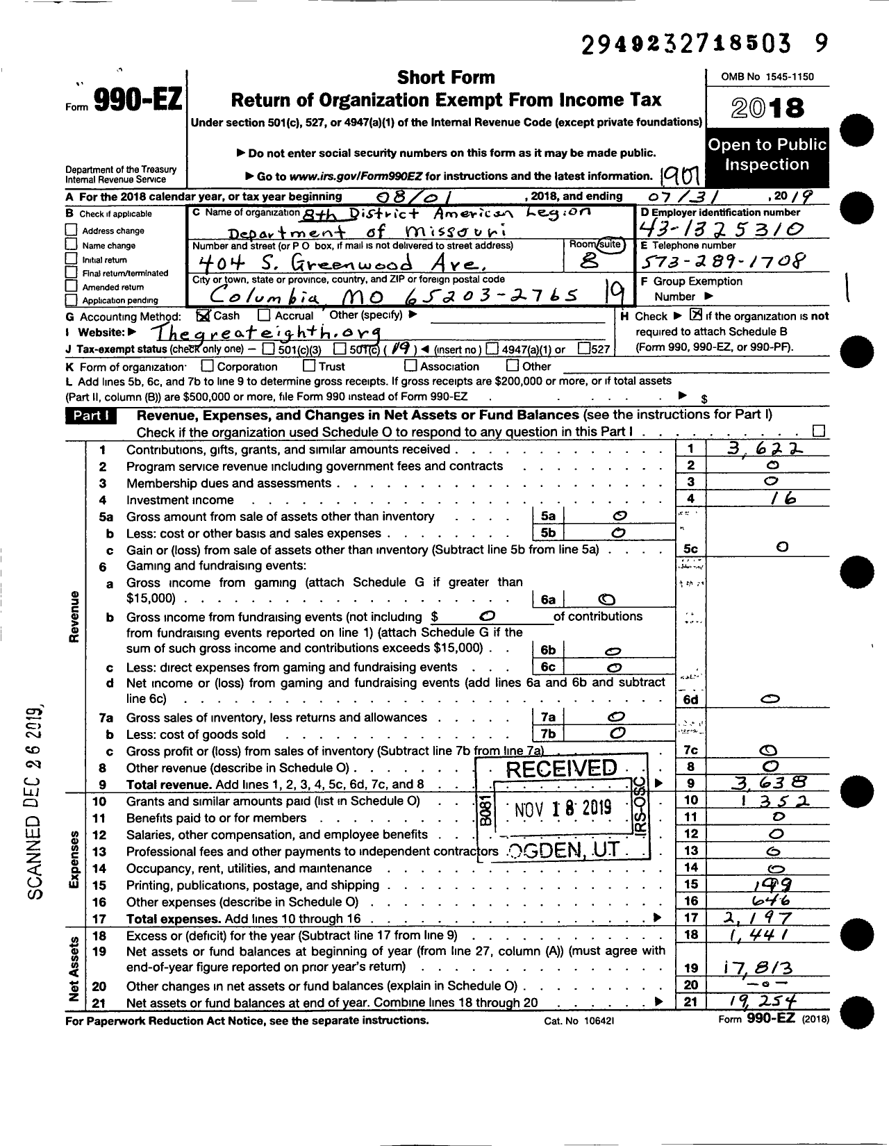 Image of first page of 2018 Form 990EO for 8th District American Legion Department of Missouri