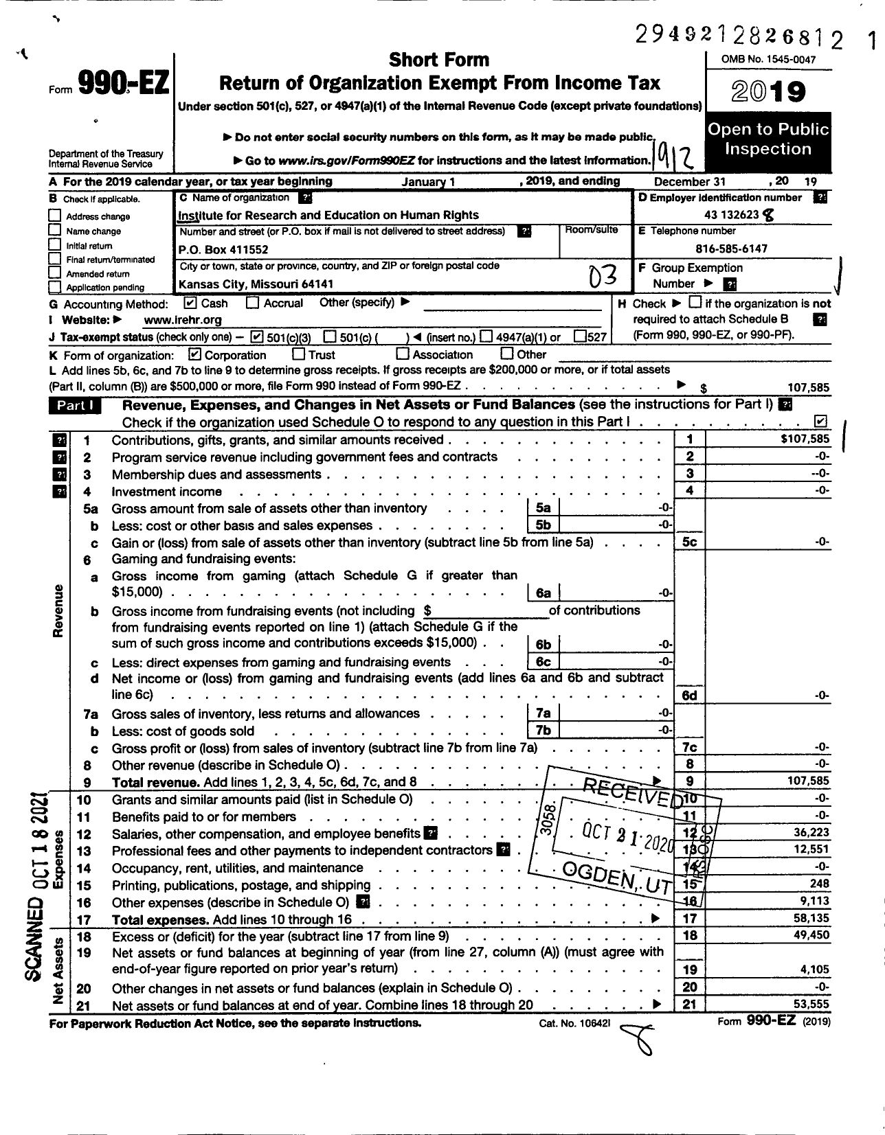 Image of first page of 2019 Form 990EZ for Institute for Research and Education on Human Rights