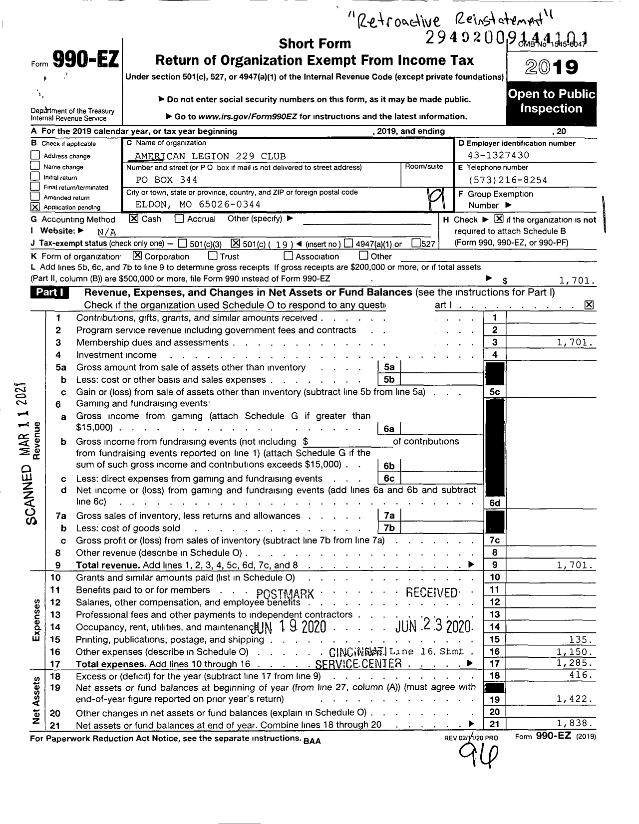 Image of first page of 2019 Form 990EO for American Legion 229 Club