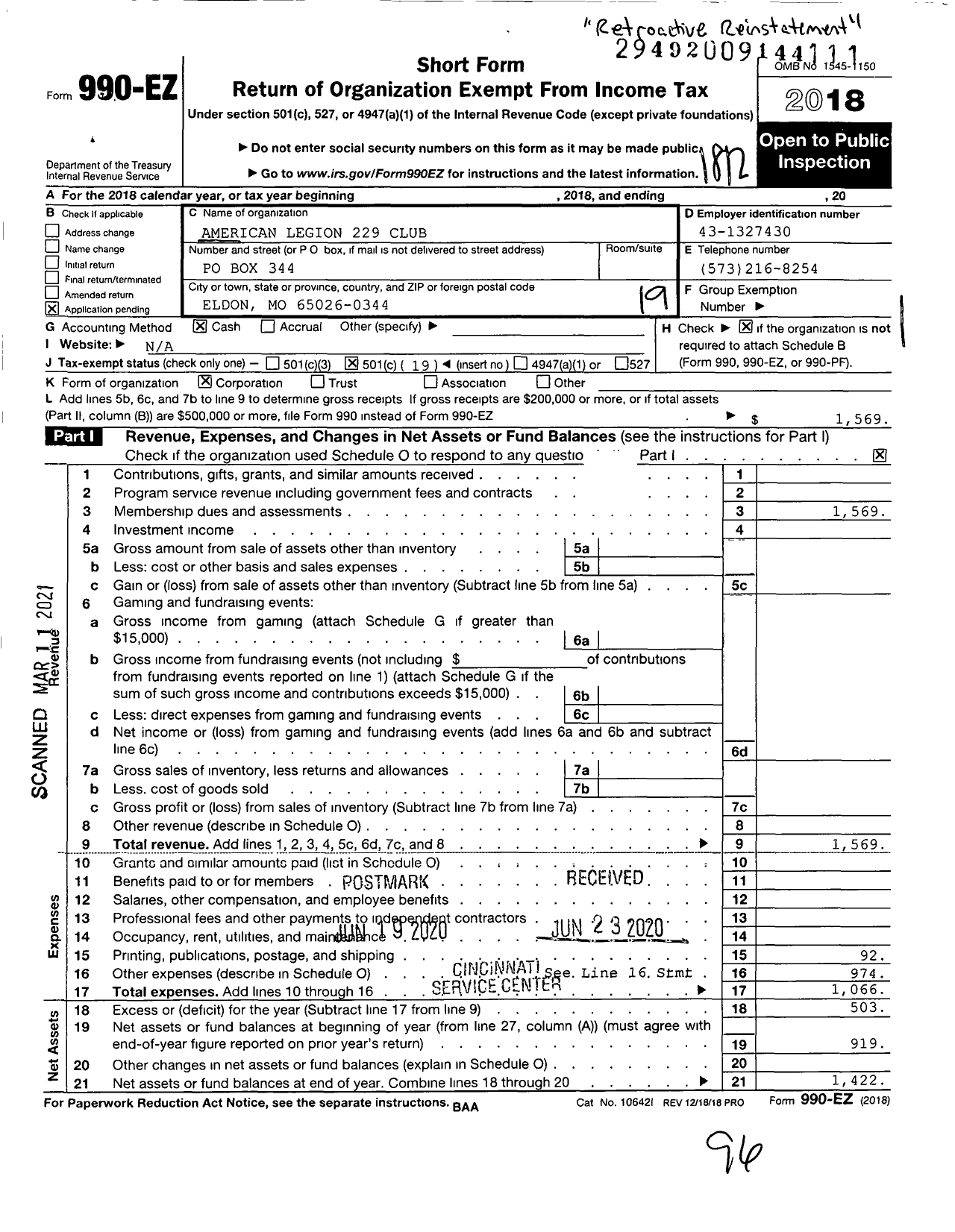 Image of first page of 2018 Form 990EO for American Legion 229 Club