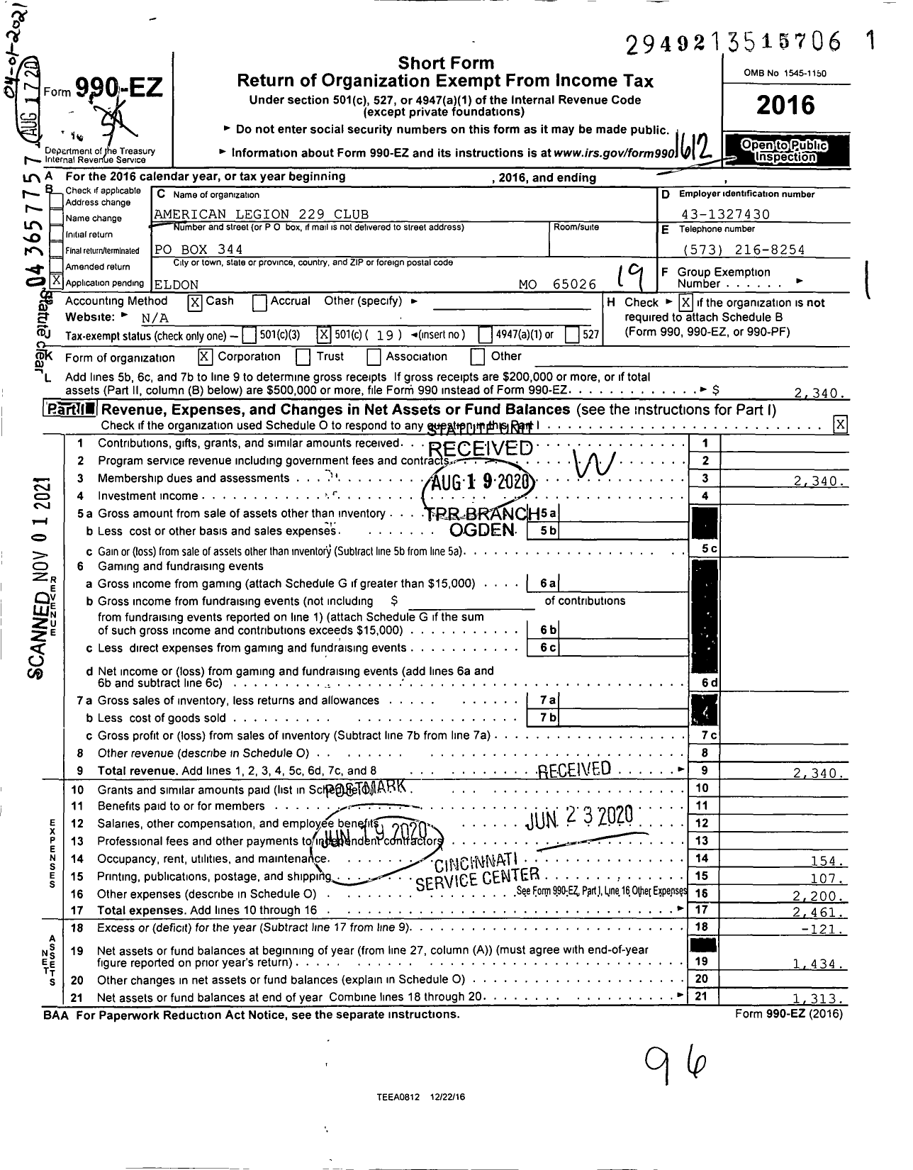 Image of first page of 2016 Form 990EO for American Legion 229 Club