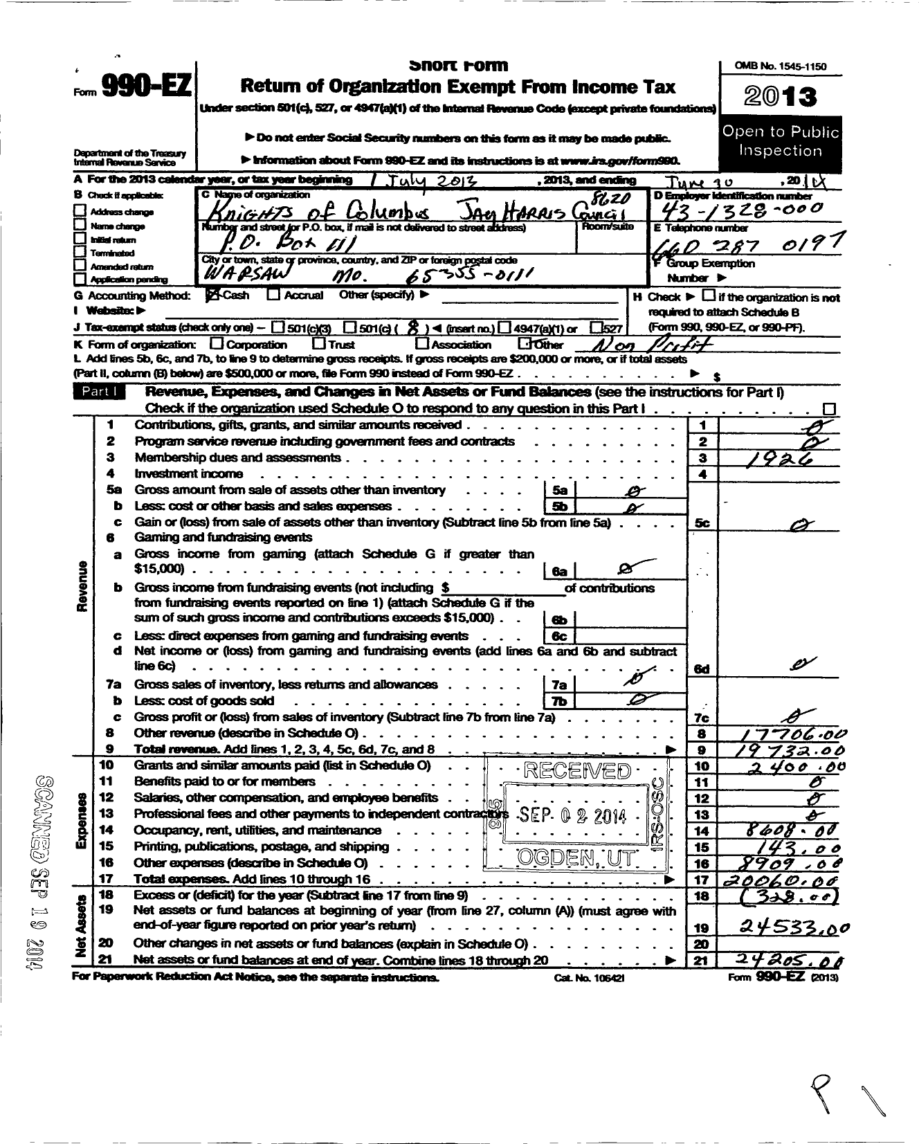 Image of first page of 2013 Form 990EO for Knights of Columbus - 8620 Jay Harris Council