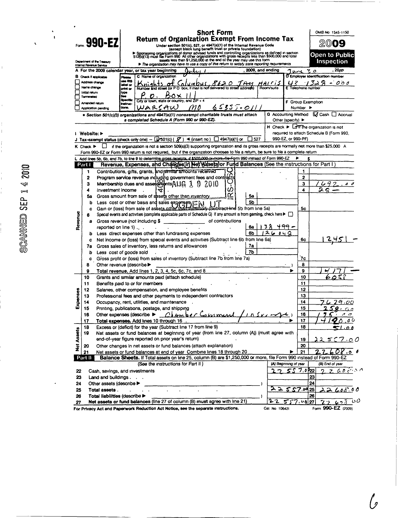 Image of first page of 2009 Form 990EO for Knights of Columbus - 8620 Jay Harris Council