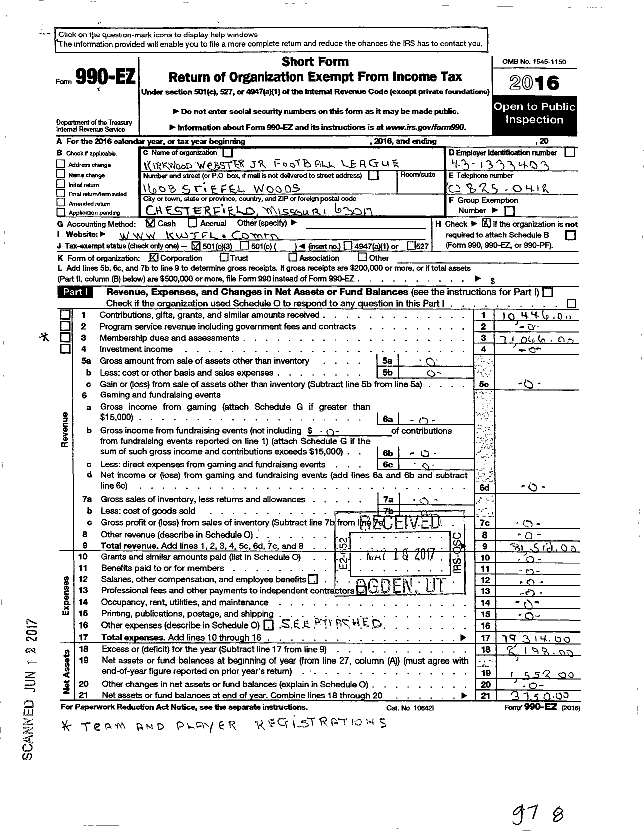 Image of first page of 2016 Form 990EZ for Kirkwood Webster Junior Football League