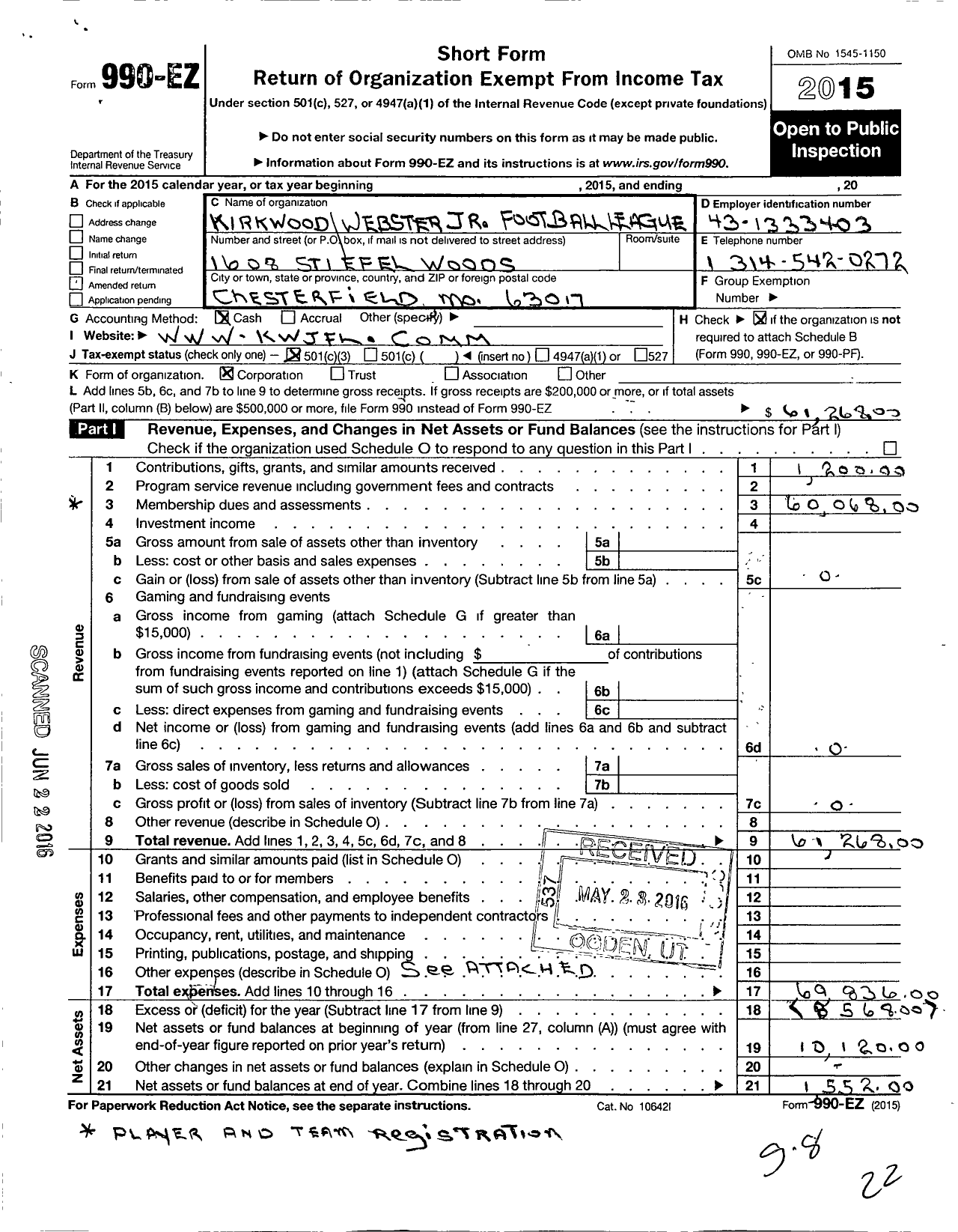 Image of first page of 2015 Form 990EZ for Kirkwood Webster Junior Football League