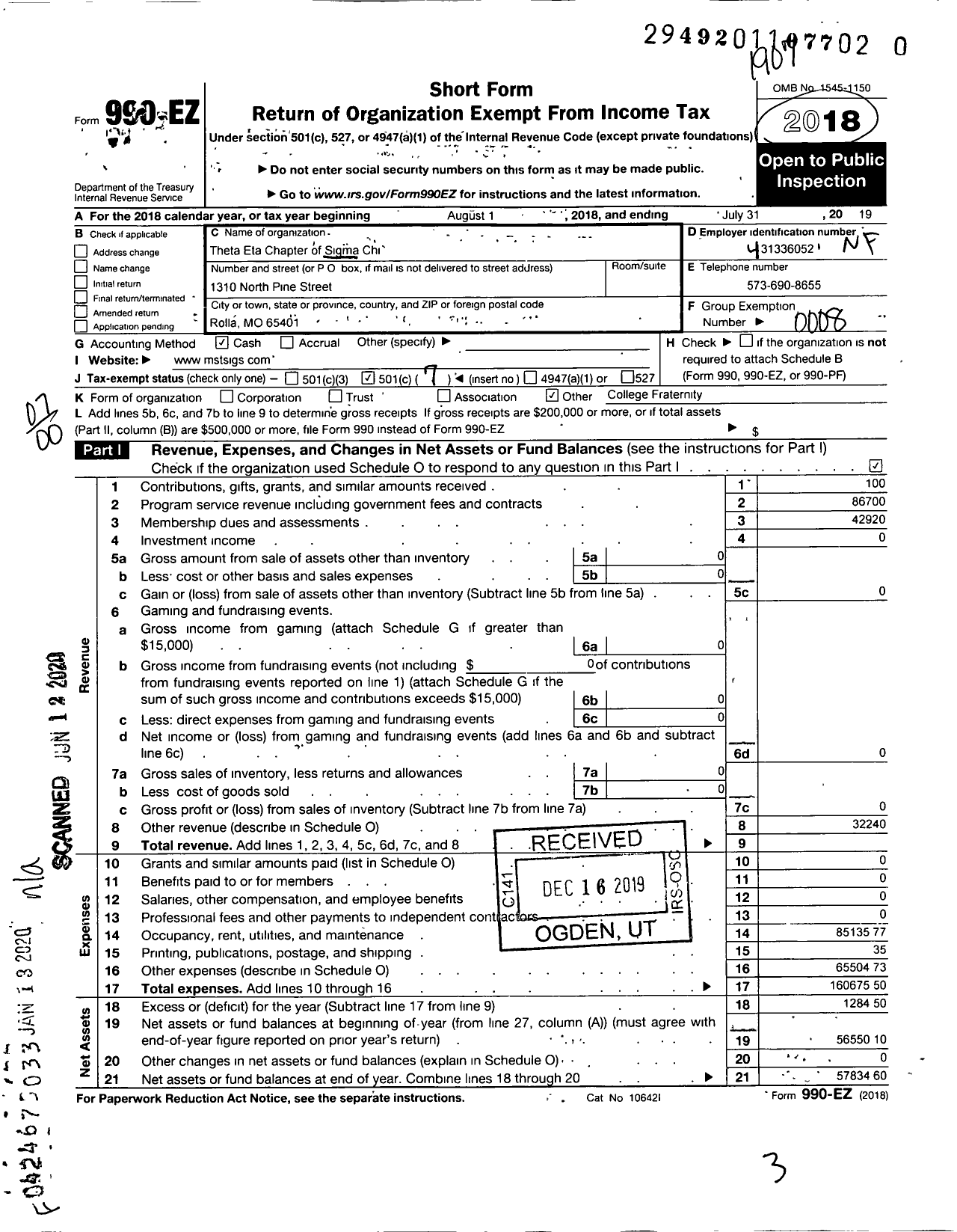 Image of first page of 2018 Form 990EO for Sigma Chi Fraternity - Theta Eta Mo Univ of Science & Tech