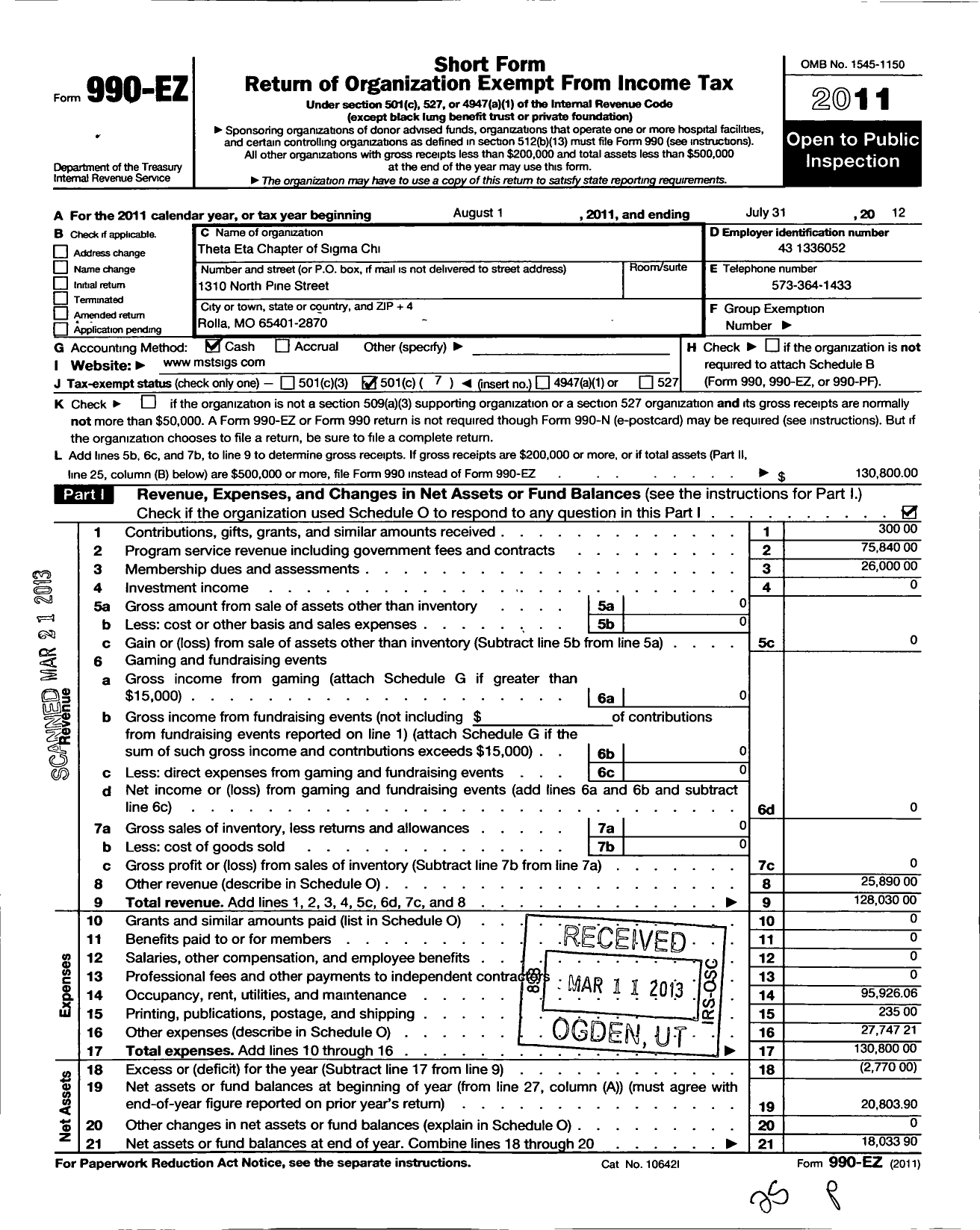 Image of first page of 2011 Form 990EO for Sigma Chi Fraternity - Theta Eta Mo Univ of Science & Tech