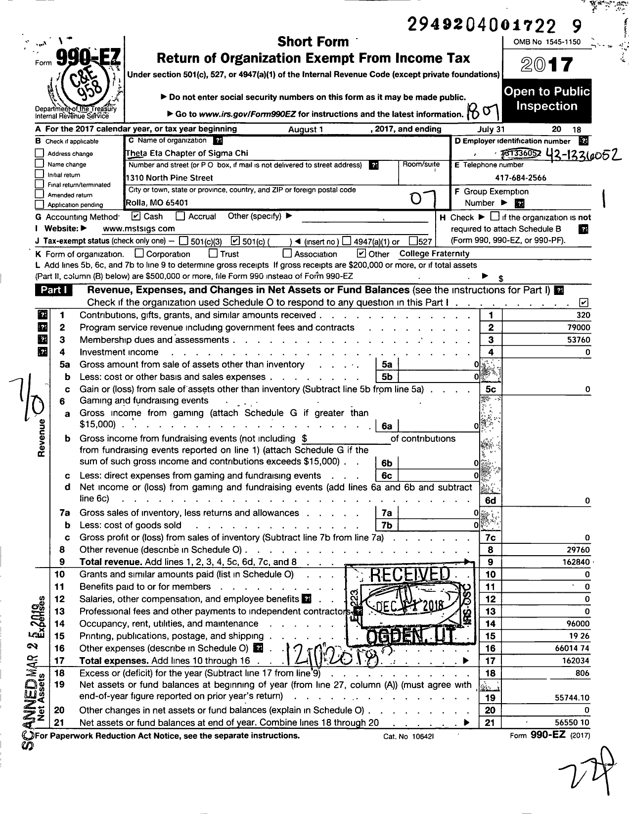 Image of first page of 2017 Form 990EO for Sigma Chi Fraternity - Theta Eta Mo Univ of Science & Tech